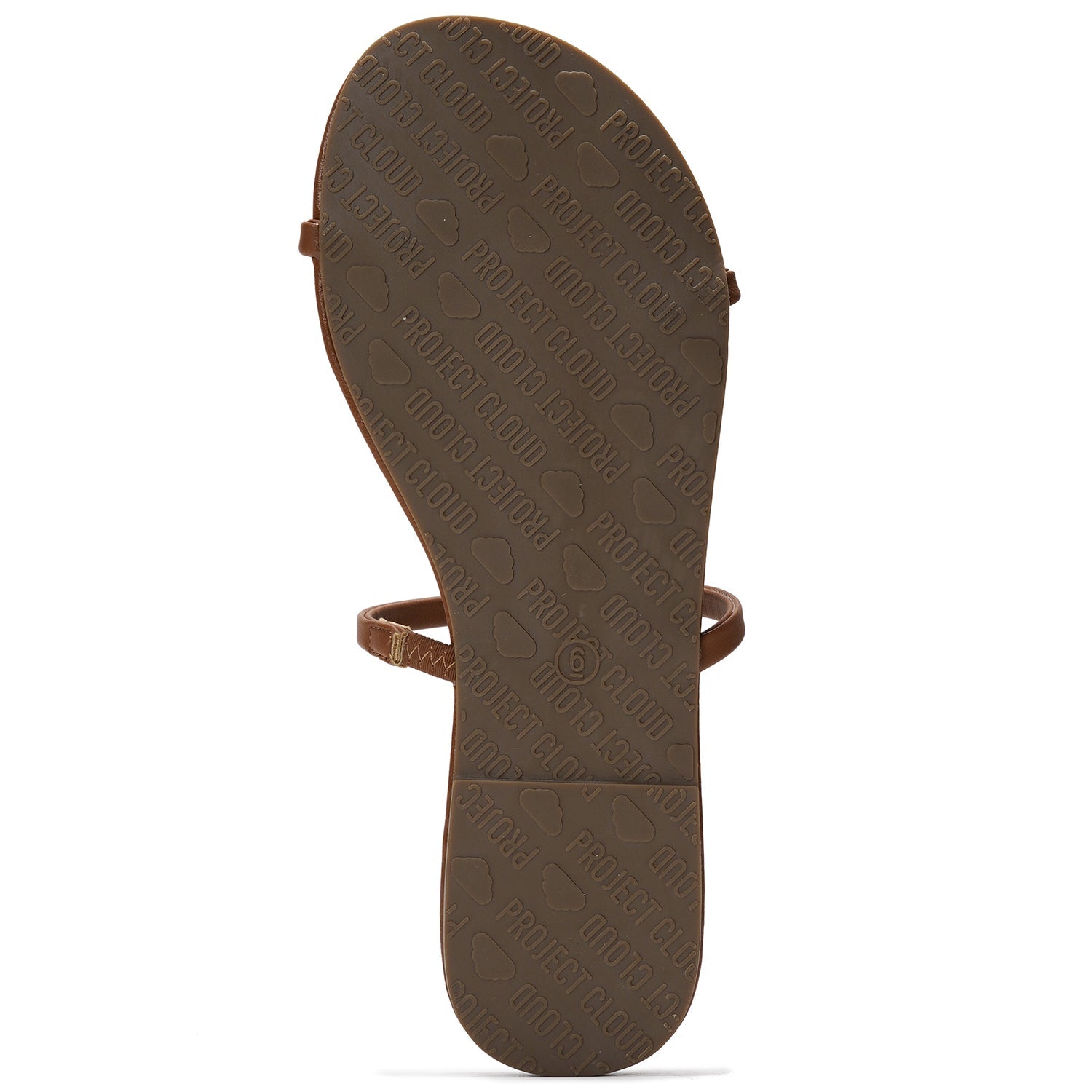 Project Cloud brown flip-flop sole detail, featuring brand logo, comfortable vegan leather sandals