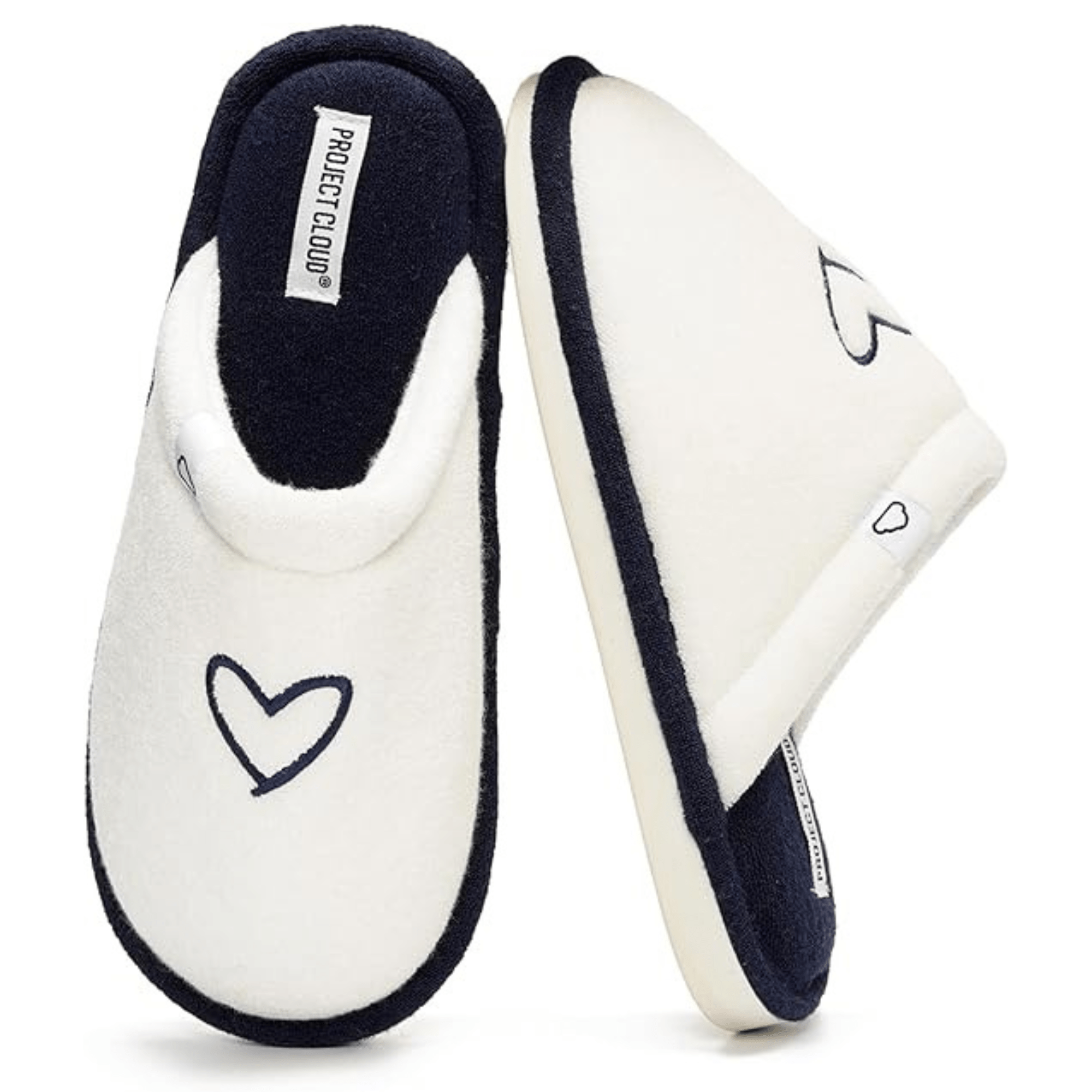 Project Cloud Casa Women's Slippers: White with heart detail, memory foam, non-slip.