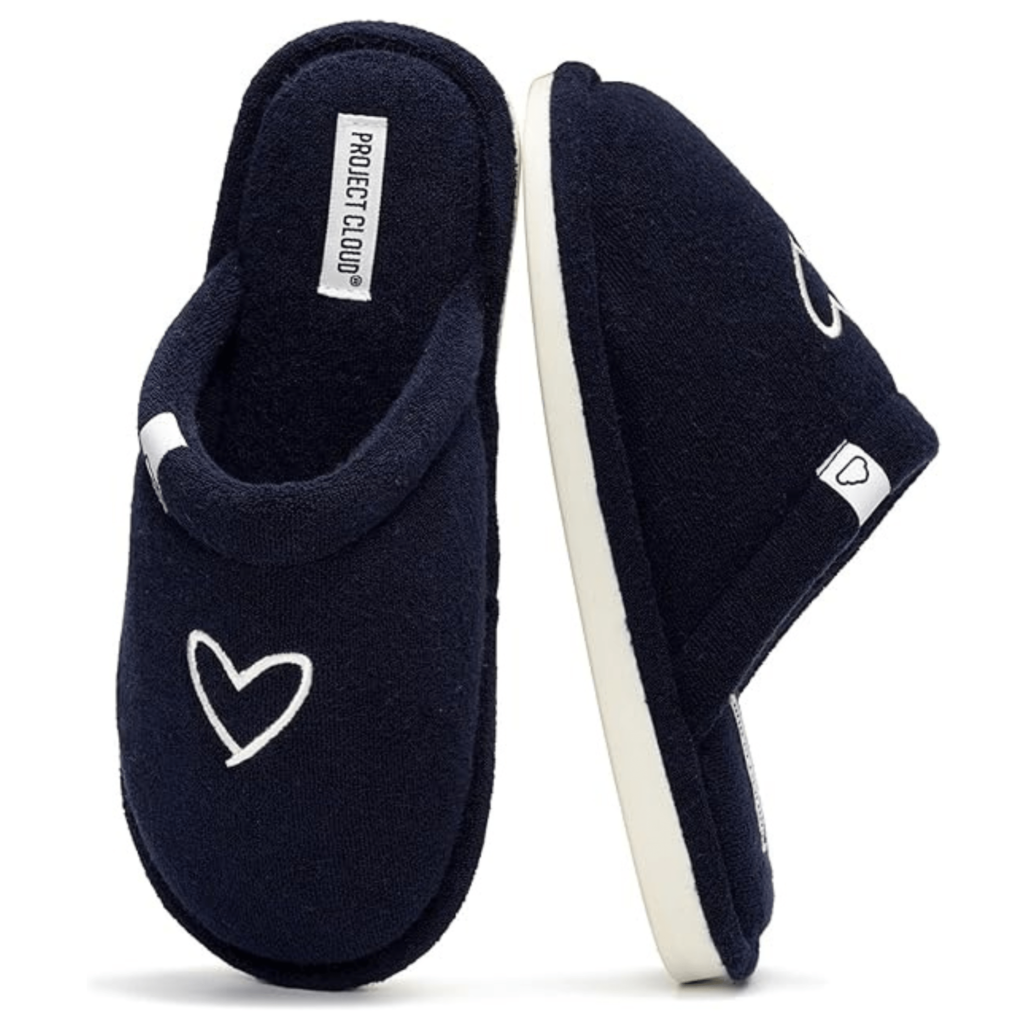 Project Cloud Casa Women's navy memory foam slippers with white heart detail and non-slip sole.