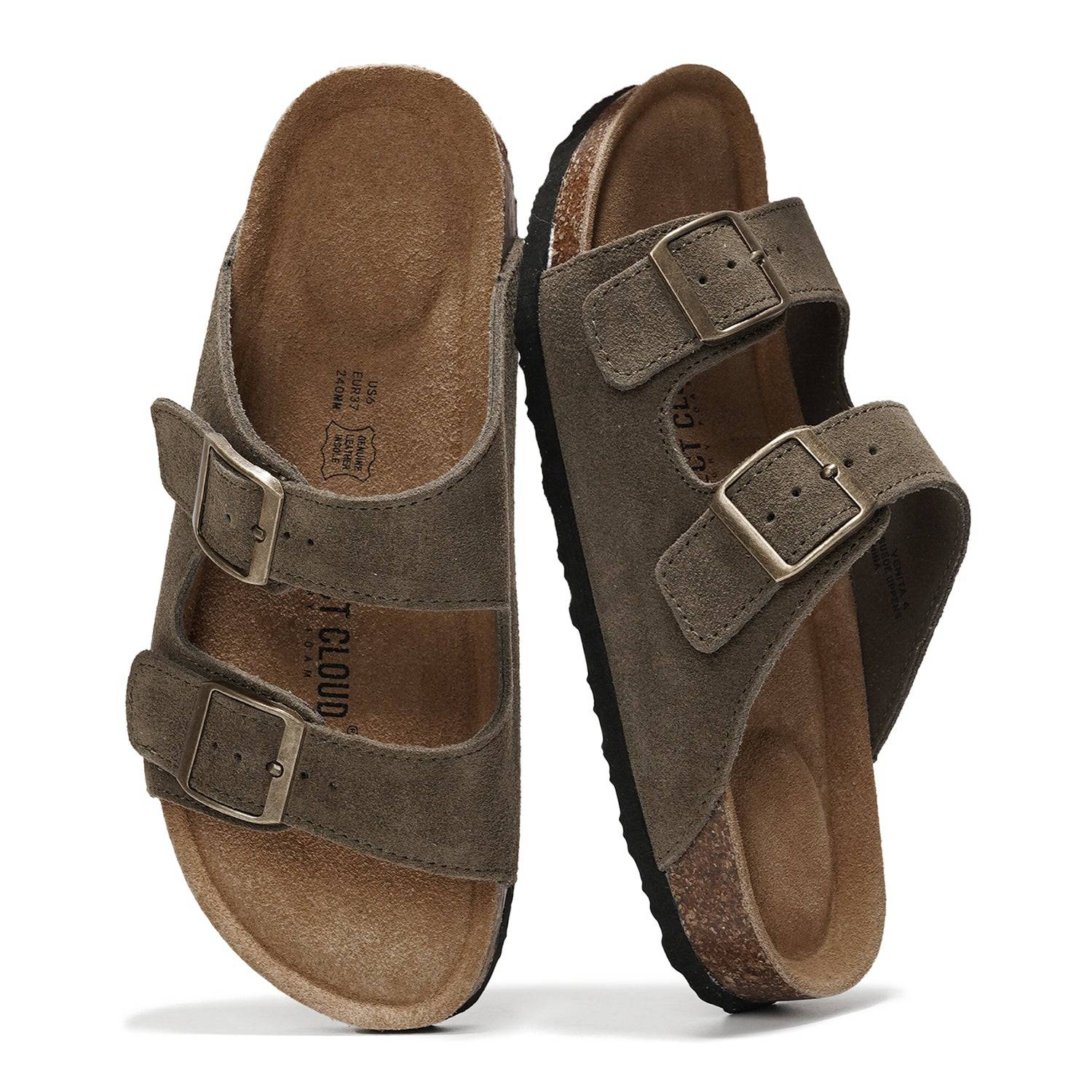 Project Cloud Venita olive suede sandals. Adjustable straps, cork footbed, summer essential.