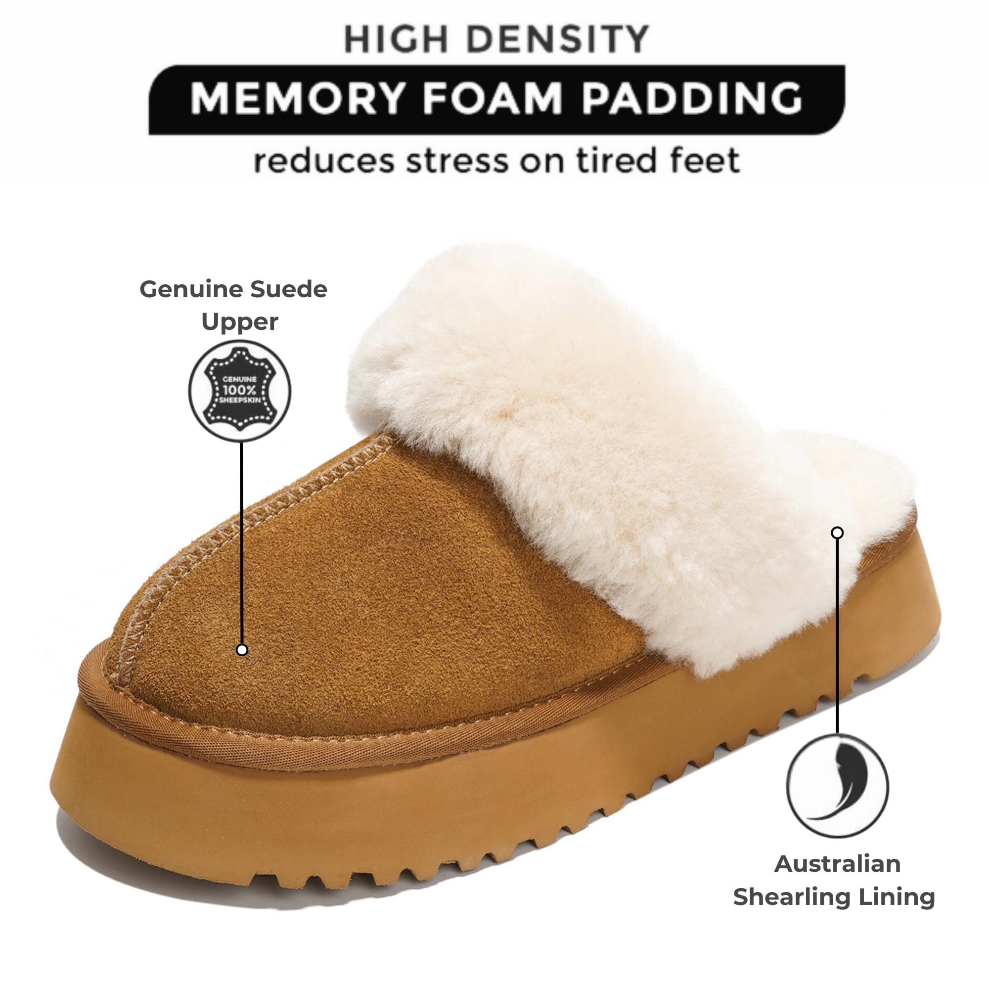 Brown suede Viki platform slippers with high-density memory foam padding and Australian shearling lining, reducing stress.