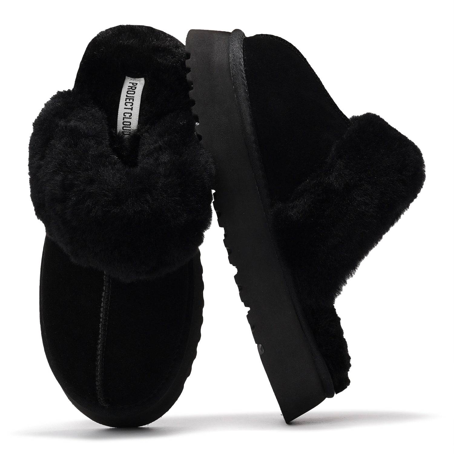Project Cloud Viki platform slippers for women in black suede with plush fur trim and memory foam, featuring non-slip sole.