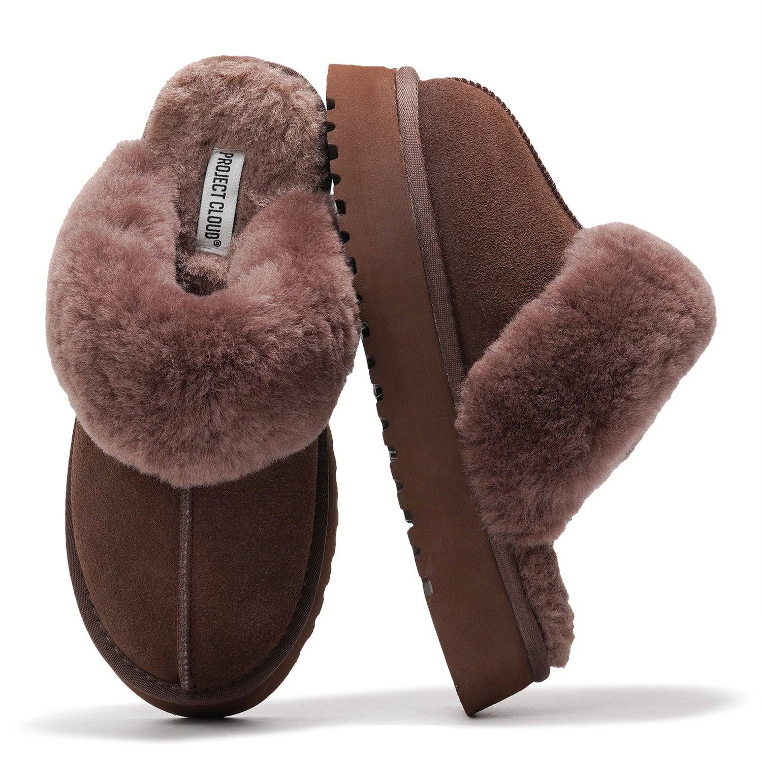 Project Cloud Viki Suede Platform Slippers for Women in Brown with Fur Lining, Memory Foam Clogs