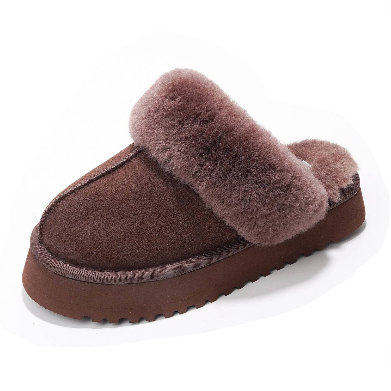 Brown suede Viki platform slippers for women with fur lining and memory foam