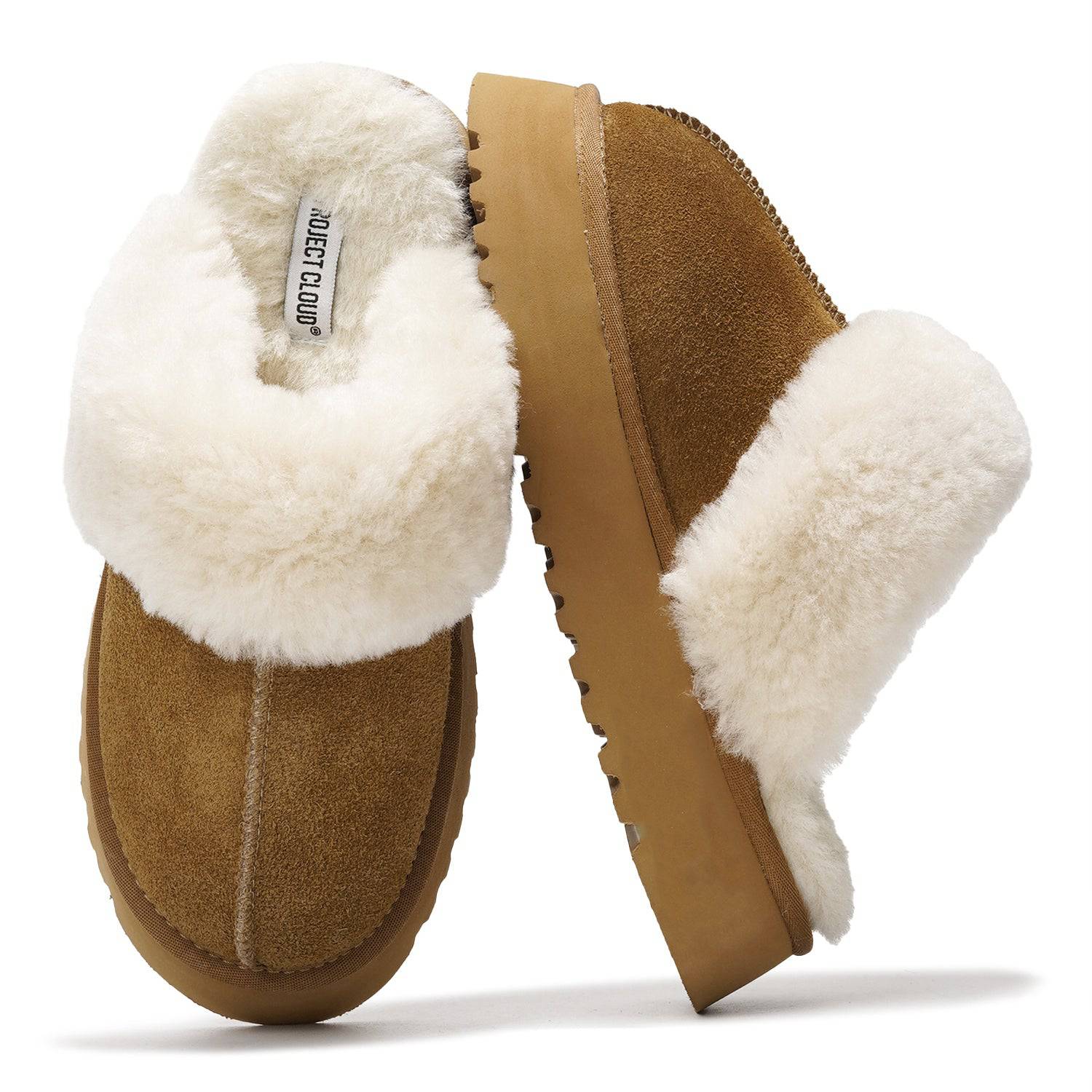 Project Cloud Viki Suede Platform Slippers for Women, featuring plush memory foam, non-slip sole, and luxurious furry design