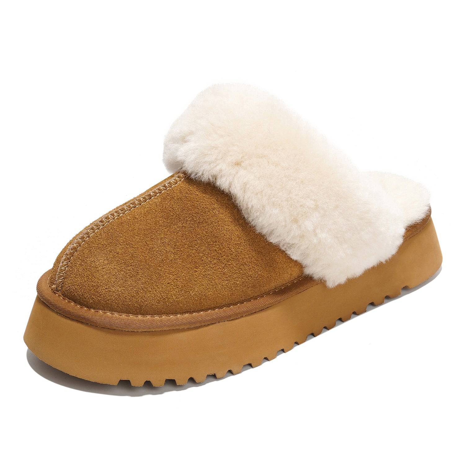 Viki Suede Platform Slippers for Women - Brown suede clogs with fur lining and memory foam.