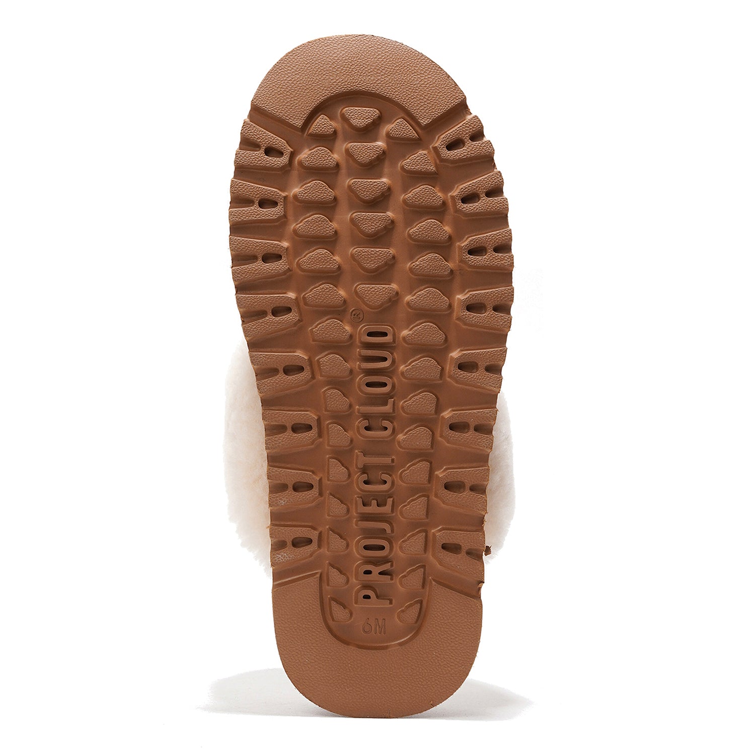 Project Cloud Viki platform slipper sole, brown non-slip sole with the brand name and size 6M.