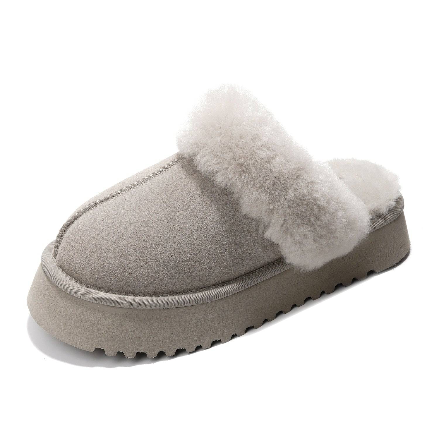 Grey suede Viki platform slippers for women with faux fur lining and memory foam, non-slip sole.