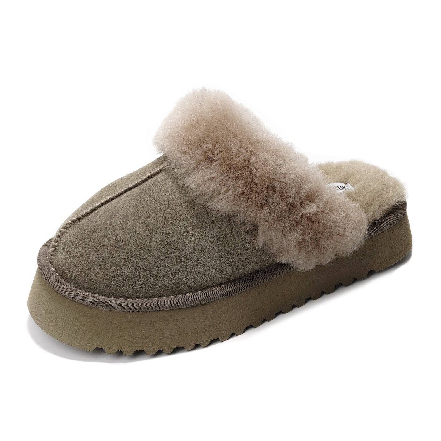Project Cloud Viki platform slippers in olive green suede with plush fur trim, memory foam and non-slip sole.