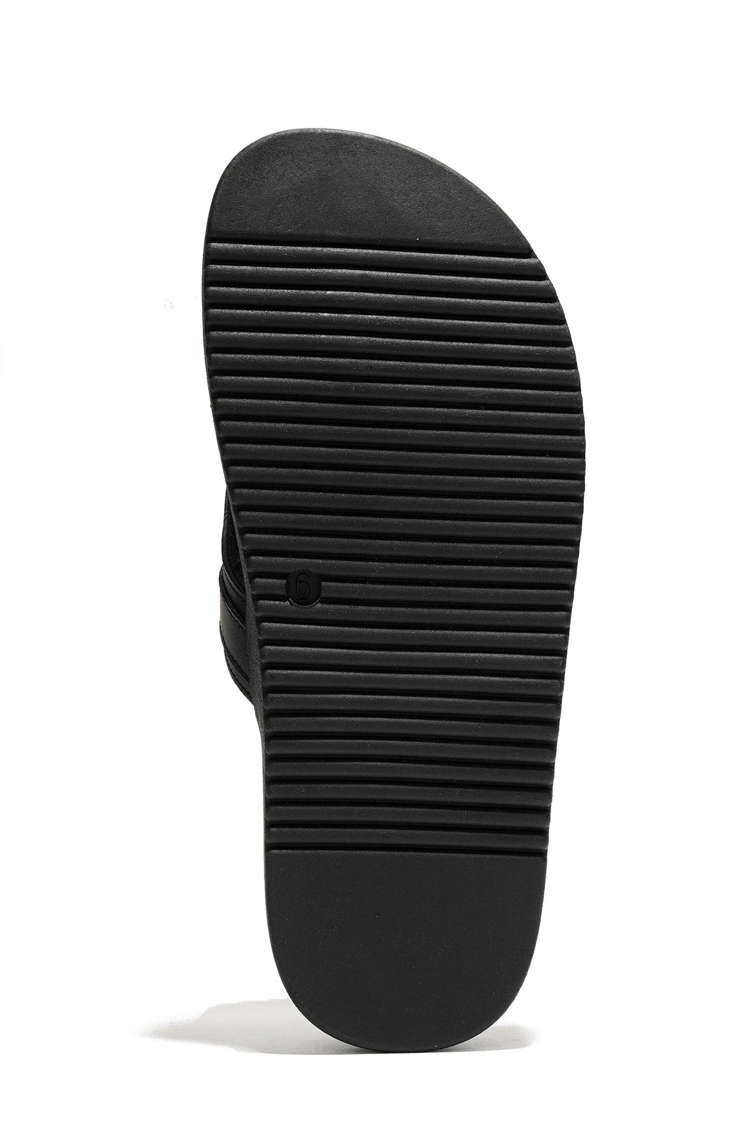 Project Cloud Vita women's sandals sole. Black rubber sole with textured design for slip-resistant, and size 6.