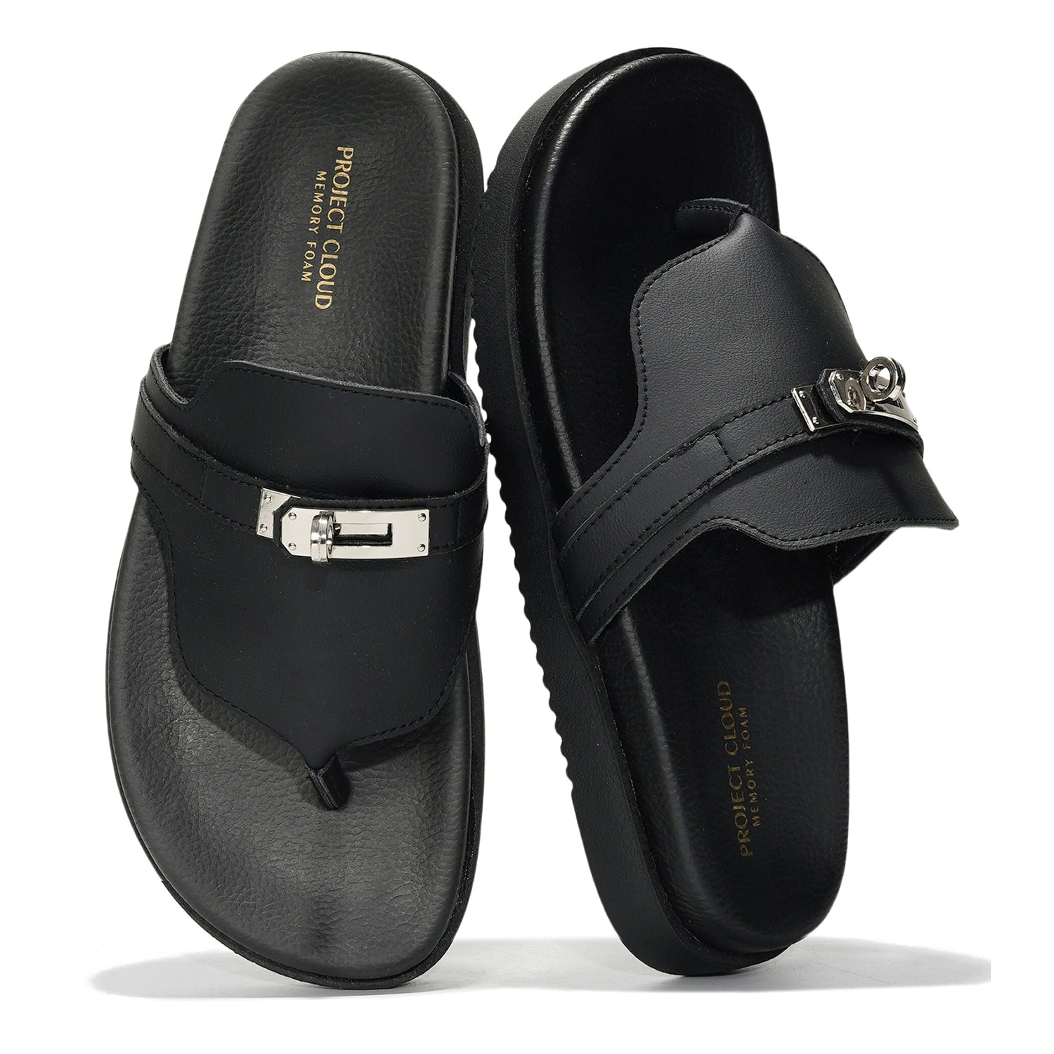 Project Cloud Vita black leather sandals with memory foam, silver buckle.