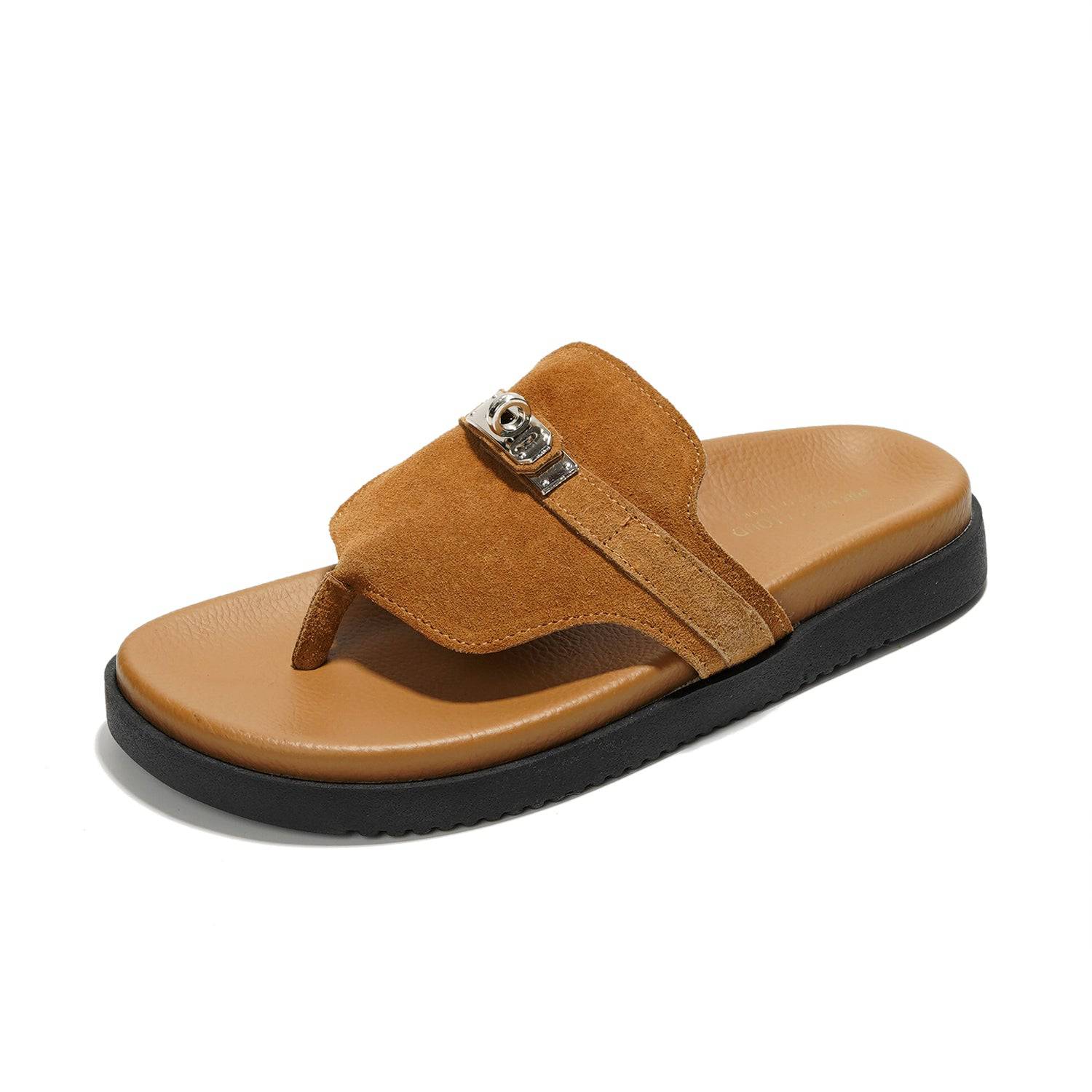 Project Cloud Vita women's leather sandals. Brown suede upper, memory foam insole, slip-on design, black sole, summer slides.
