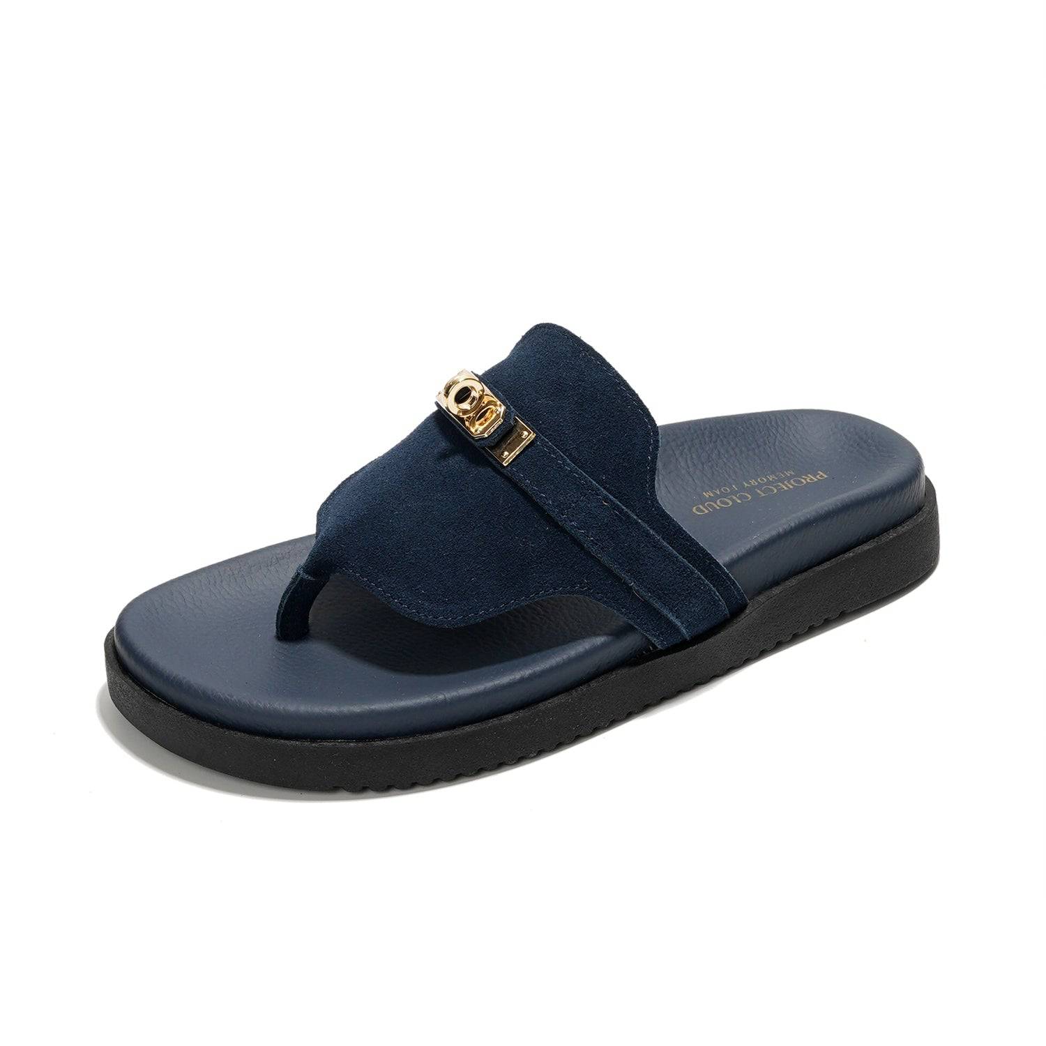 Project Cloud Vita Navy Blue Leather Sandals for Women with Memory Foam, Slip-on Slides