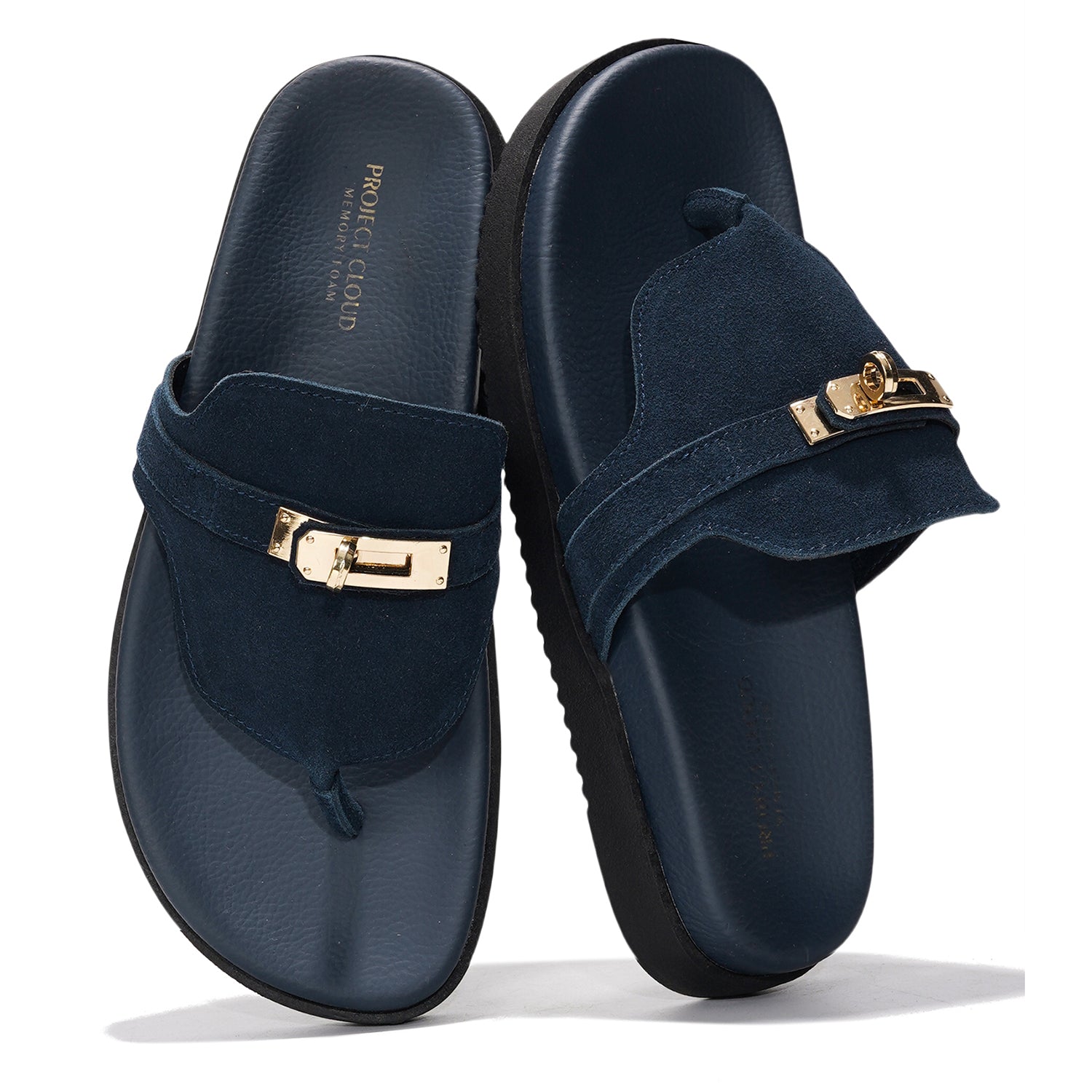 Project Cloud Women's Vita Sandals in Navy Blue with Memory Foam - Leather Summer Slides for Women