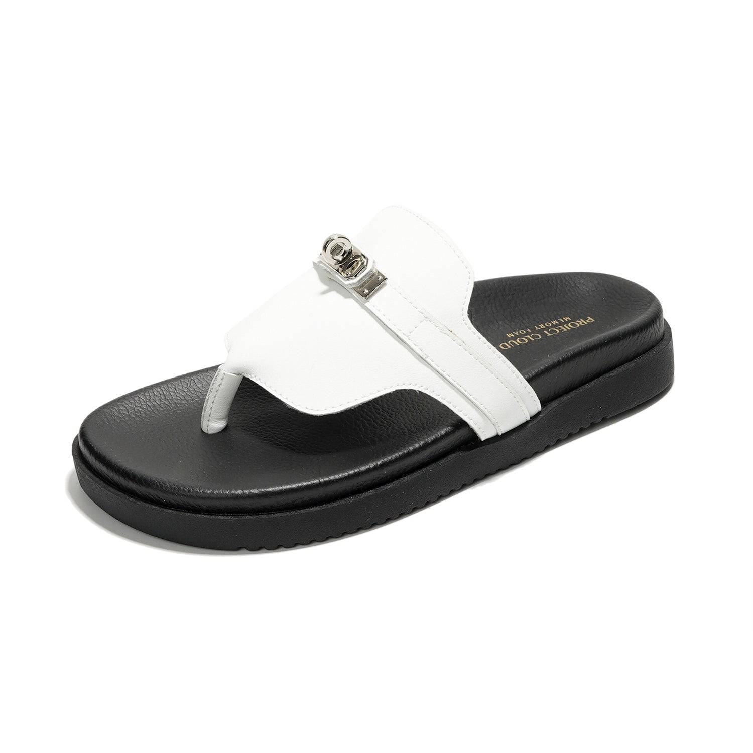 Project Cloud Vita white leather summer sandals with memory foam, black sole, casual slip-ons for women