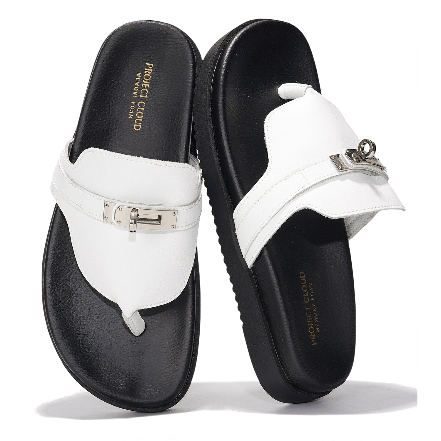 Project Cloud Vita Women's Sandals - White Leather Summer Slides with Memory Foam