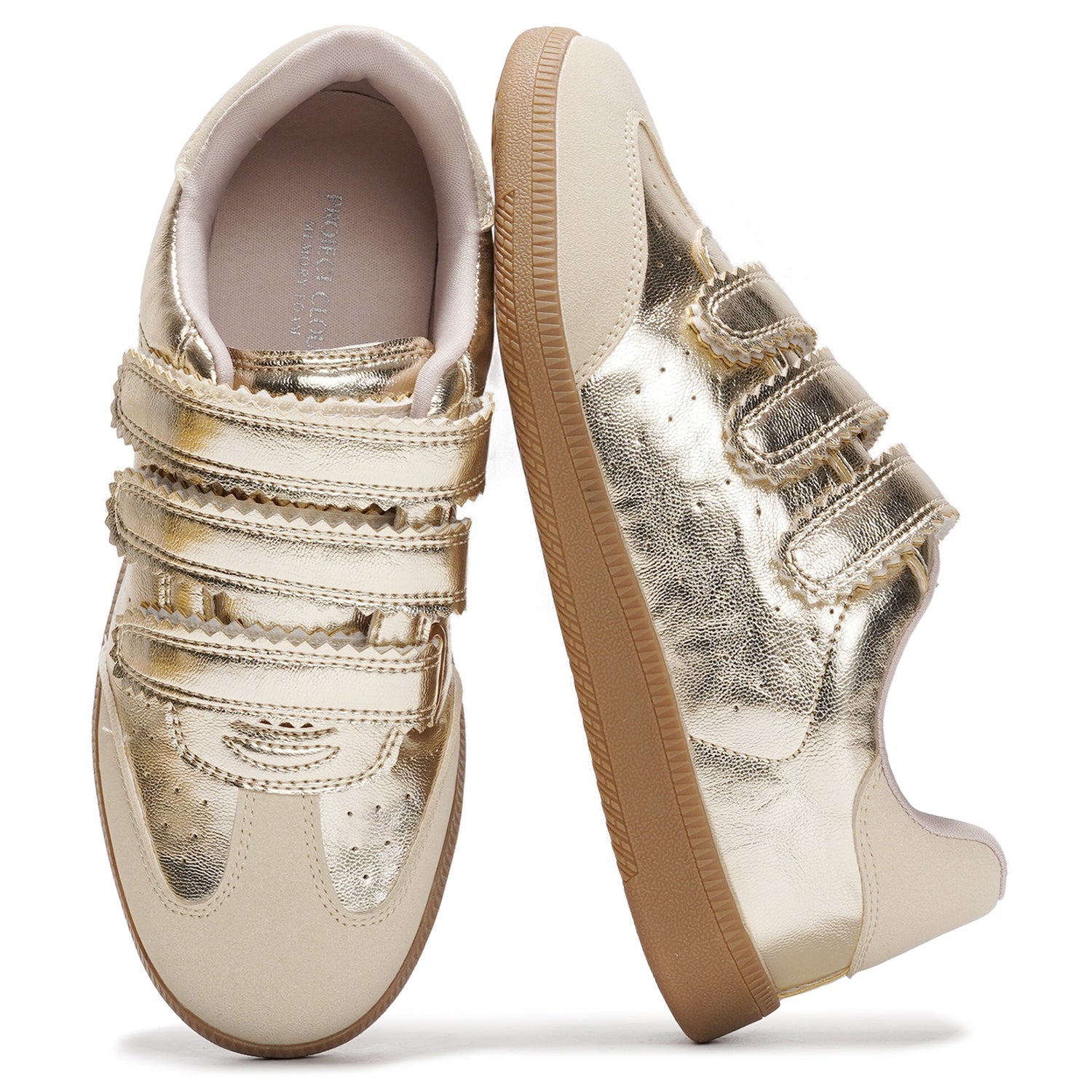 Project Cloud Ysabelle vegan leather sneakers in metallic gold with straps and memory foam.