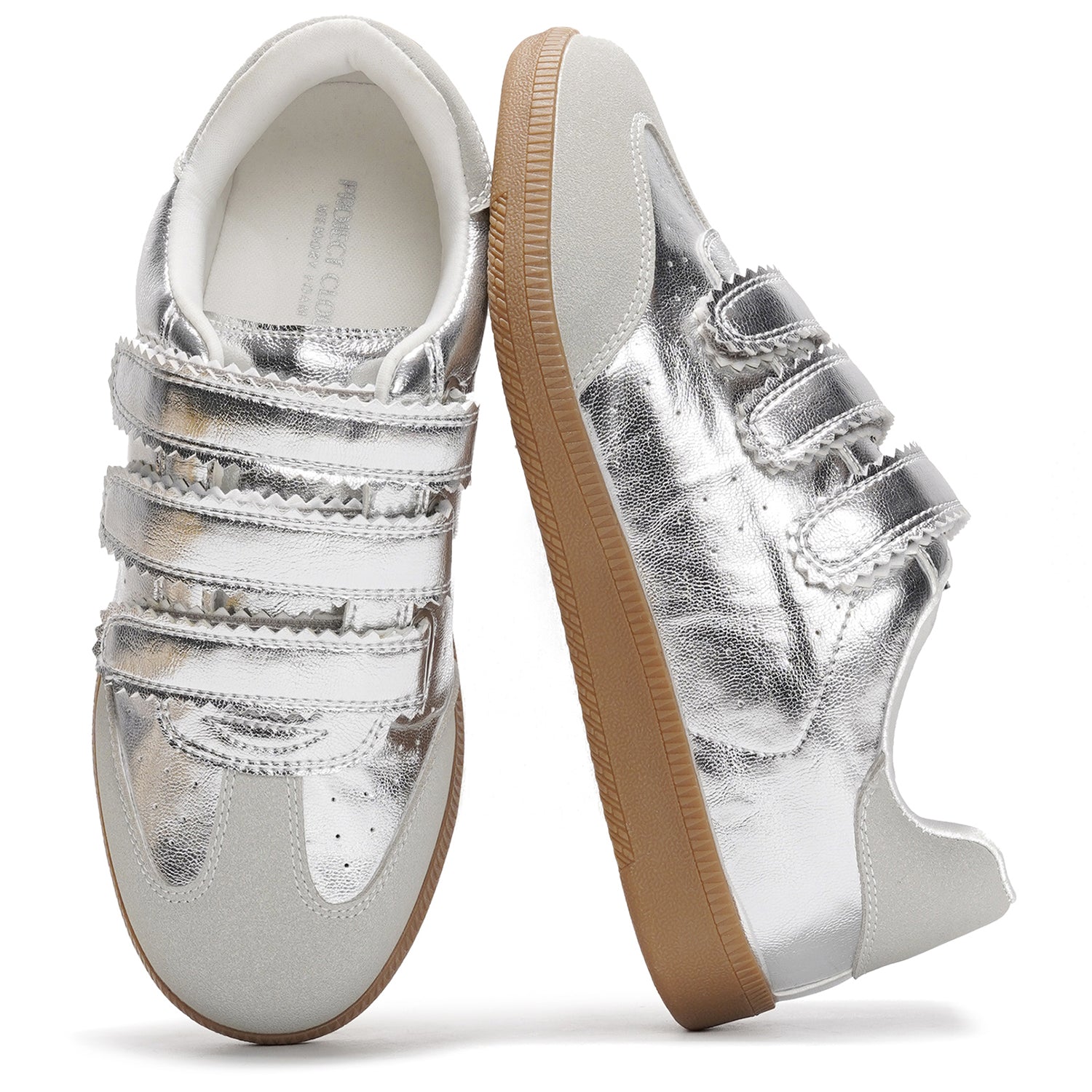 Project Cloud Ysabelle silver vegan leather sneakers with velcro straps, memory foam sole.