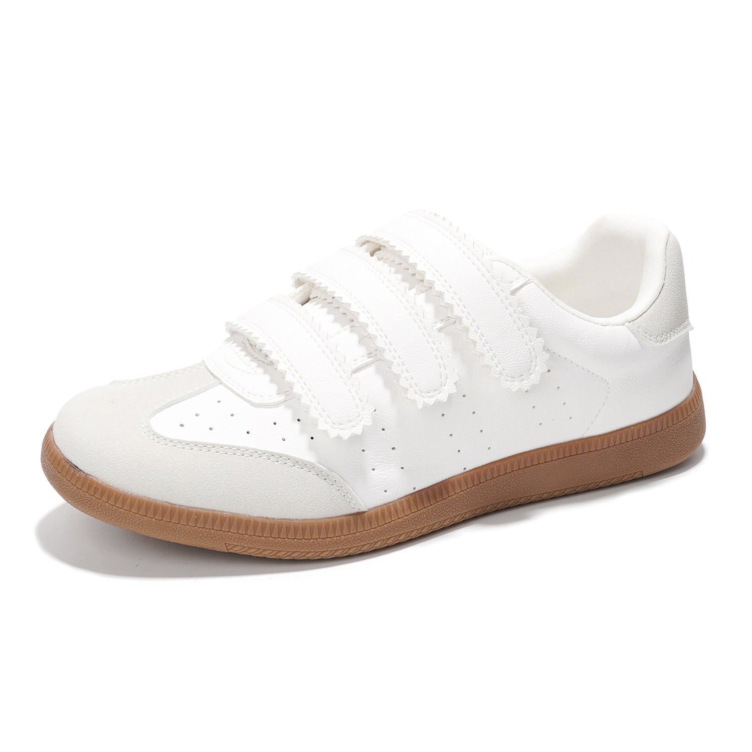 Project Cloud Ysabelle white vegan leather sneakers with velcro straps and brown sole