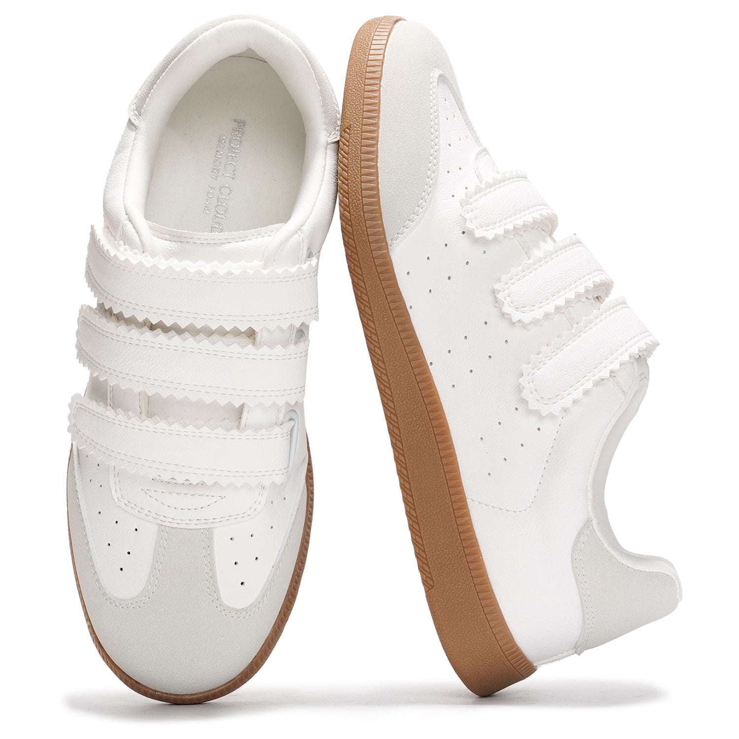 Project Cloud Ysabelle vegan leather sneakers in white with velcro straps and memory foam.