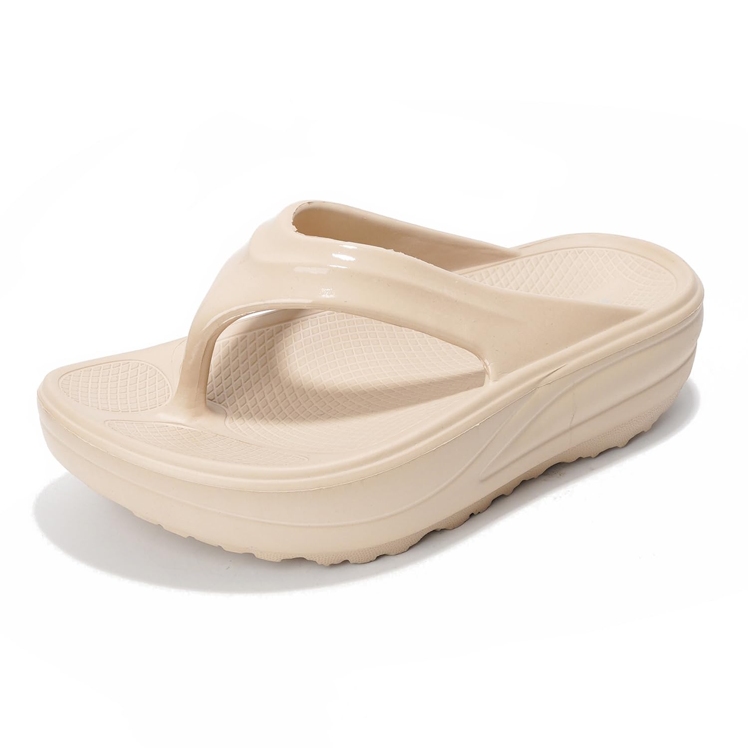Project Cloud Abra women's beige platform flip flops. Memory foam for comfort and lightweight EVA material