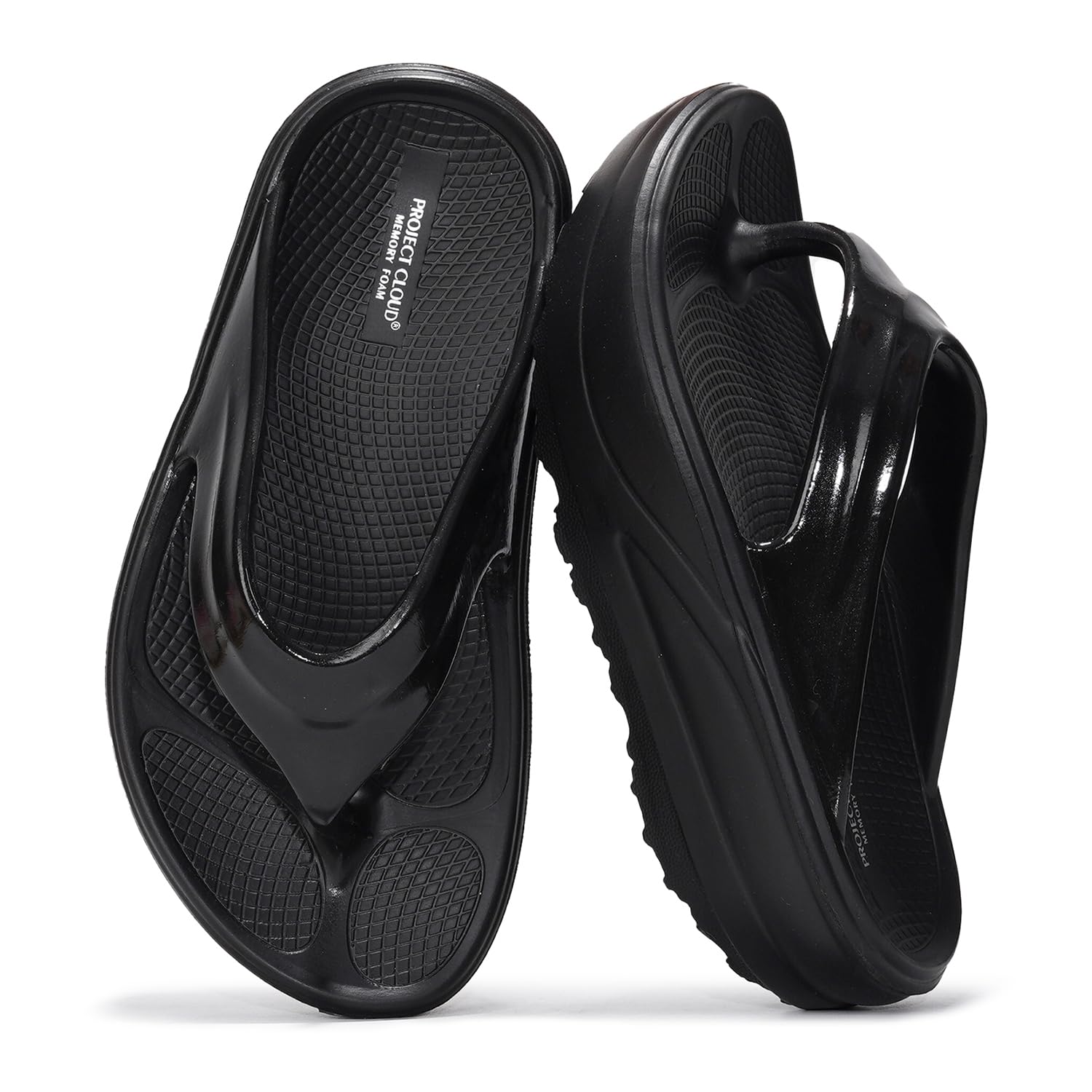 Project Cloud Black Abra Flip Flops. Memory foam platform sandals for women's comfort and style, EVA material.