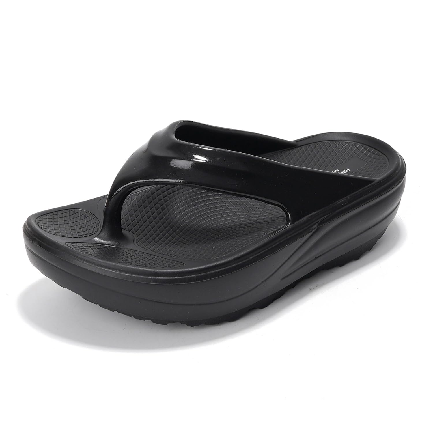Project Cloud Abra Black Flip Flops. Women's platform sandals with memory foam for comfort and style.