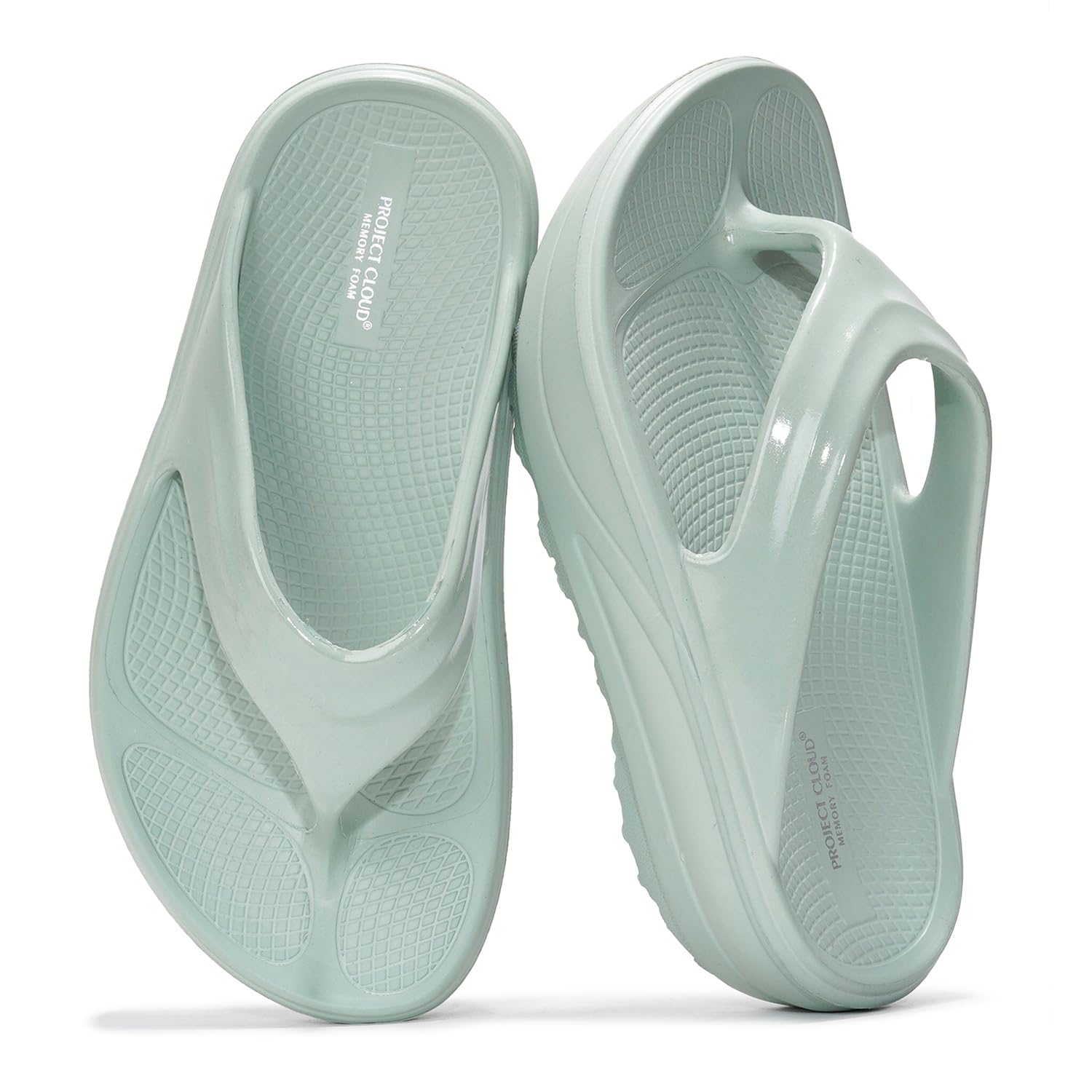 Project Cloud women's flip flops, light green, memory foam platform sandals for comfort.