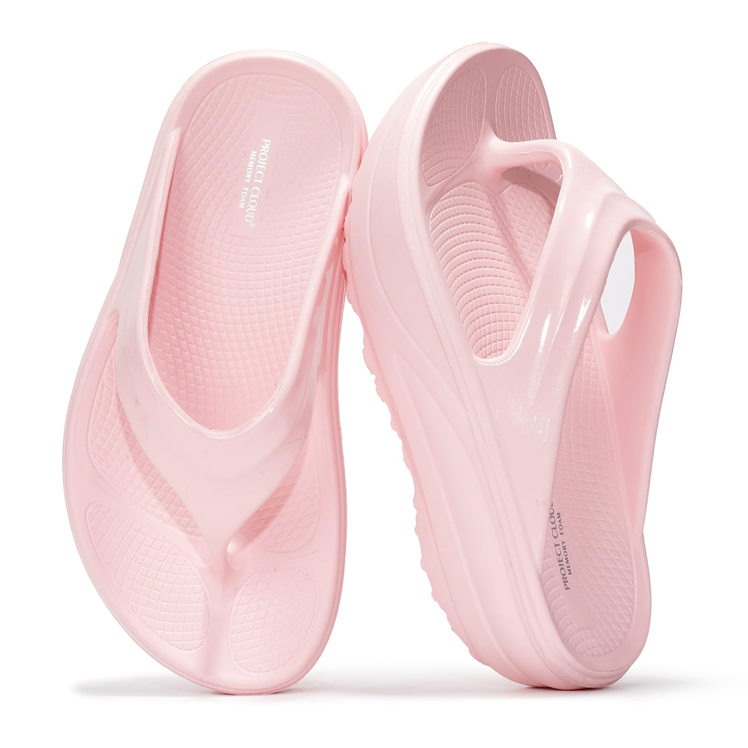 Pink Project Cloud Flip Flops. Memory foam platform sandals for women's comfort and style.