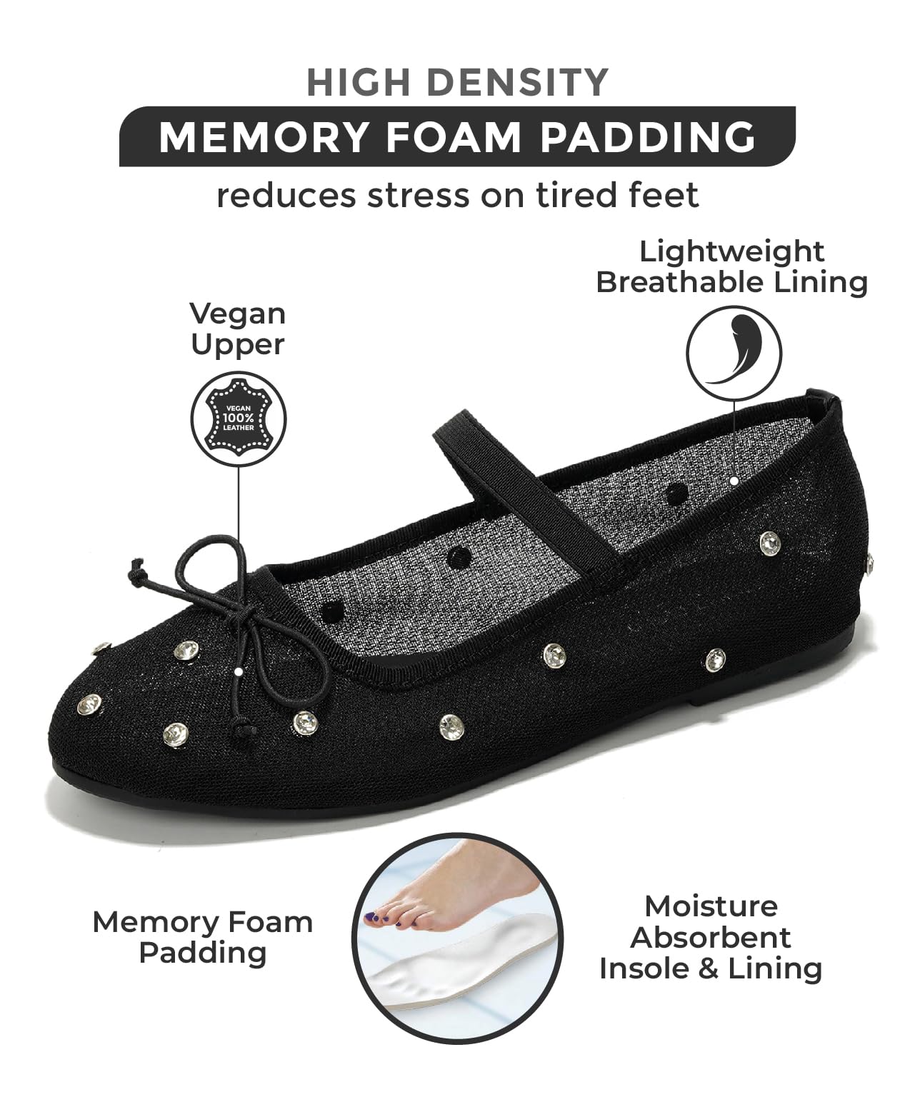 Black Project Cloud Amity ballet flats with memory foam, vegan upper, rhinestones, bow, and breathable lining.