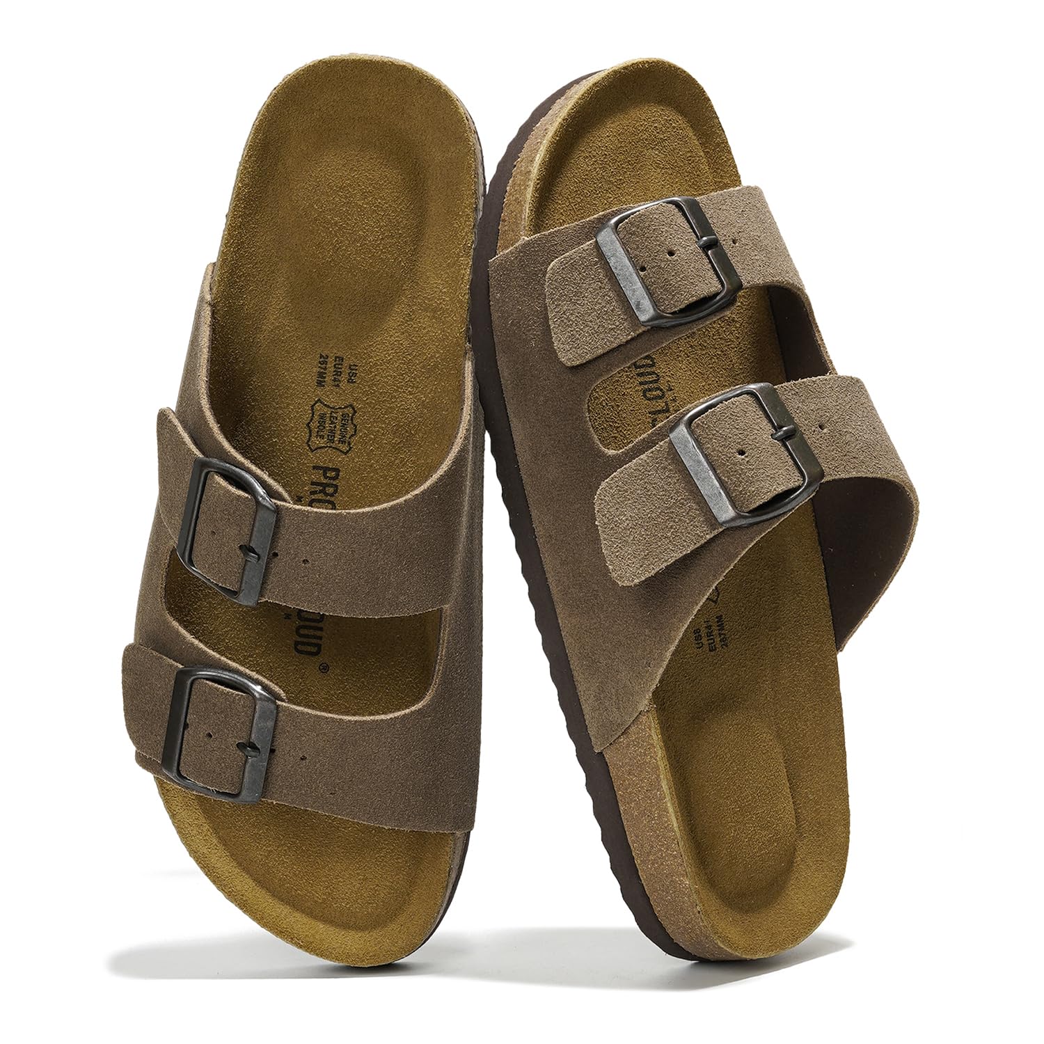 Project Cloud Arizona Men's Tan Leather Sandals with Cork Footbed, showcasing genuine leather and double buckle detail.