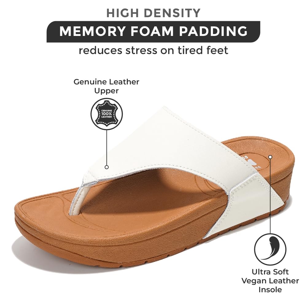 Project Cloud Arlee white leather thong sandal with memory foam & vegan insole for comfort.