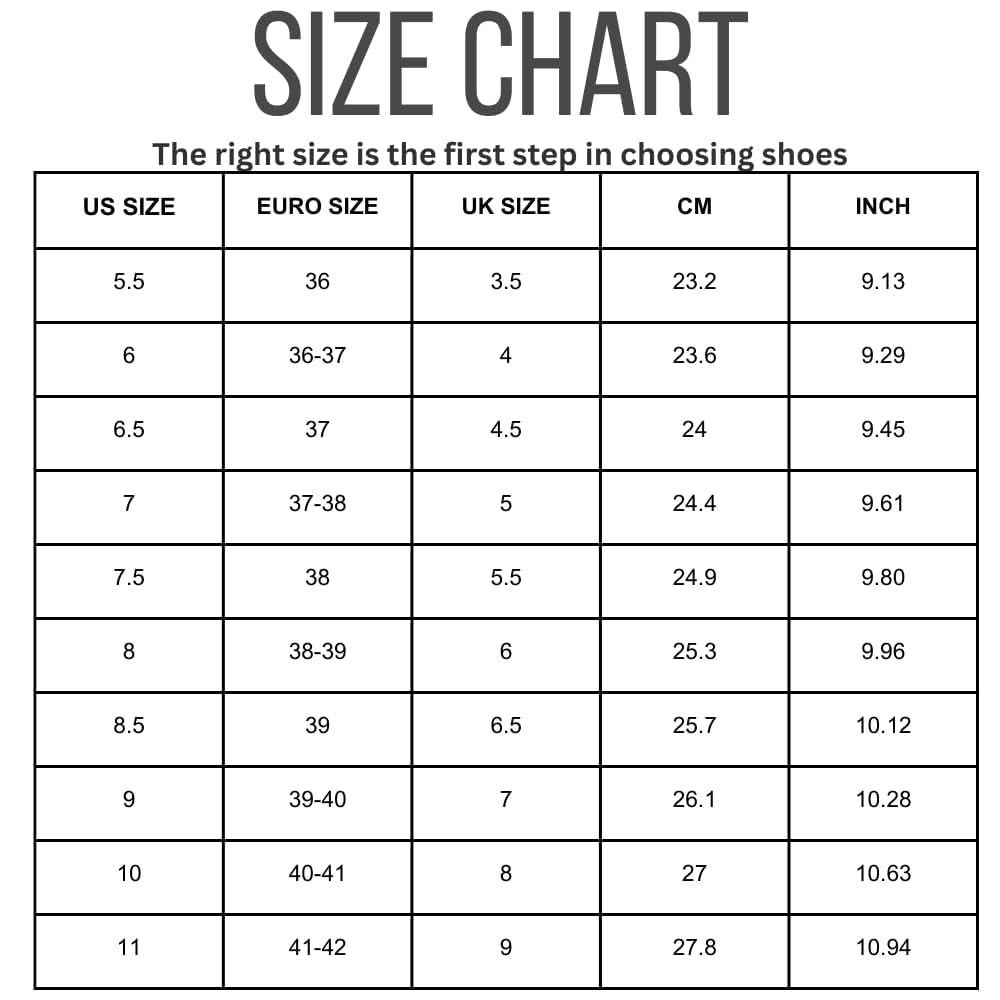 Size chart for women's Balinda sneakers, showing US, Euro, UK, CM, and Inch sizes.
