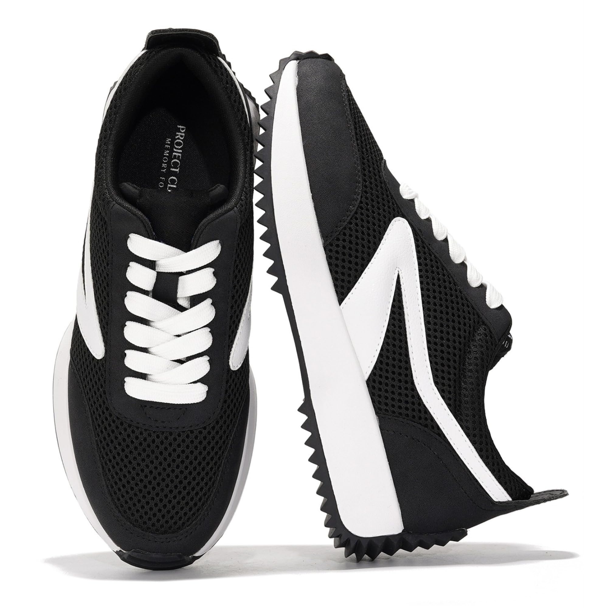Project Cloud Balinda women's black sneakers with white accents, lace-up closure, and memory foam.