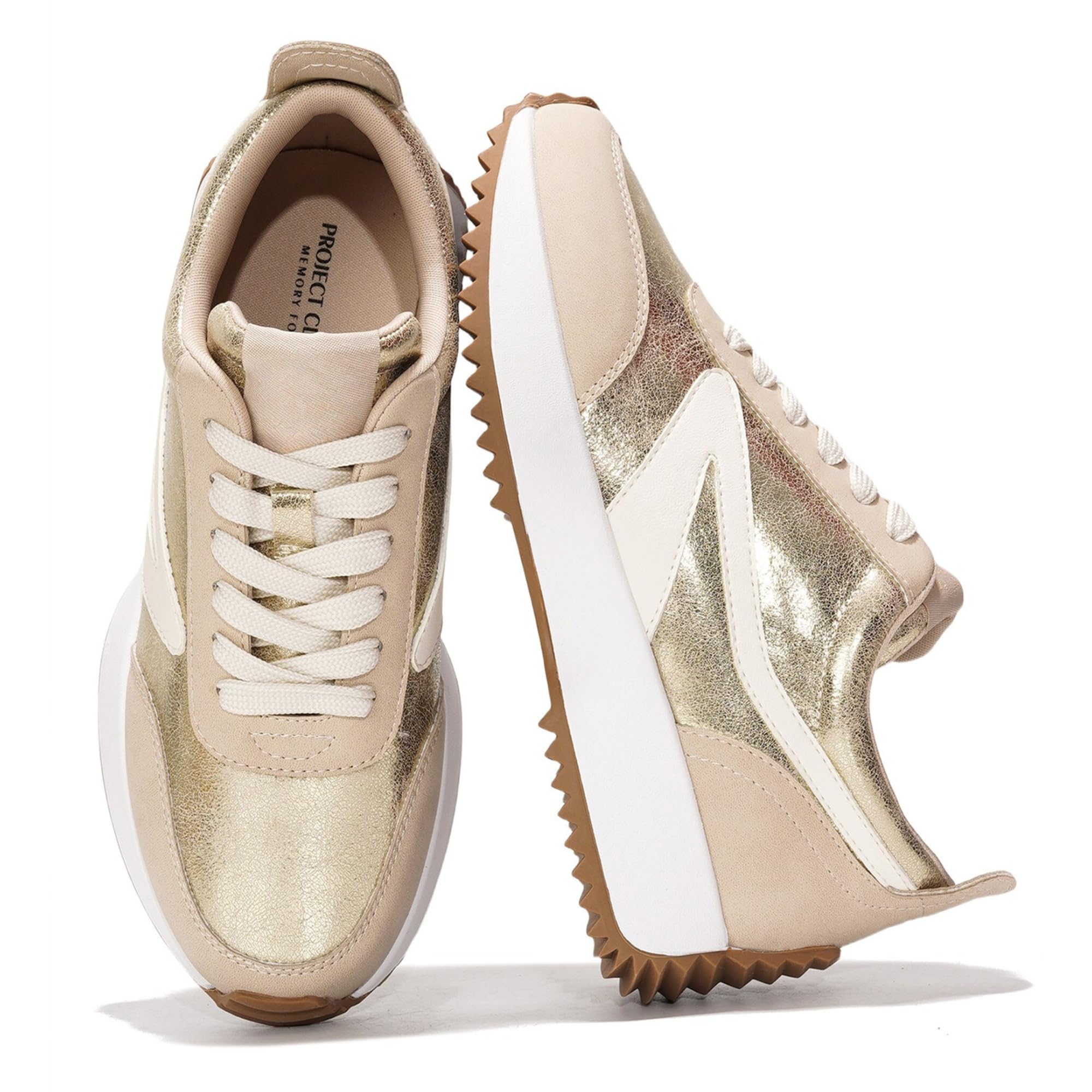 Balinda women's sneakers in beige and metallic gold with Project Memory Foam and lace-up closure, women's fashion shoes.