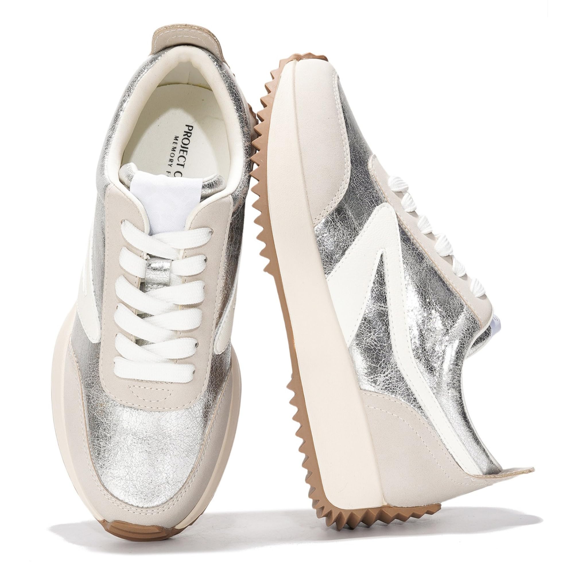 Silver Balinda women's sneakers with Project Memory Foam, lace-up, and non-slip sole.
