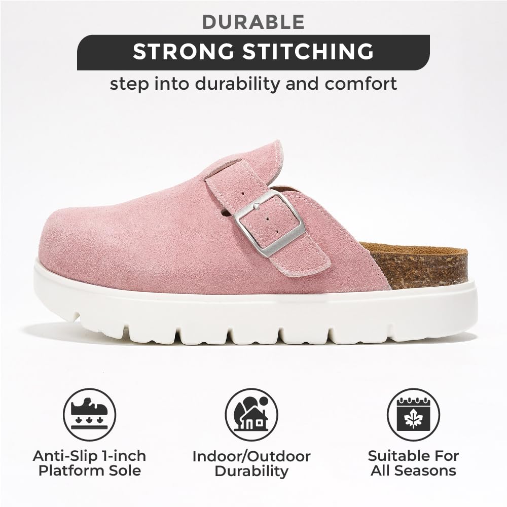 Pink Benton Chunky clog, leather upper, strong stitching, cork footbed, memory foam, anti-slip sole. Suitable for all seasons