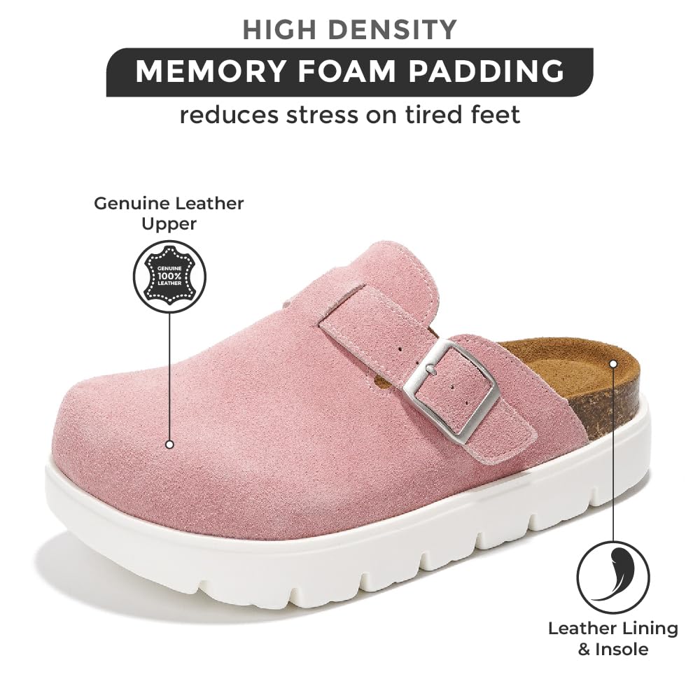 Pink Benton Chunky Clog - Genuine Leather and Memory Foam for women, arch support, non-slip sole
