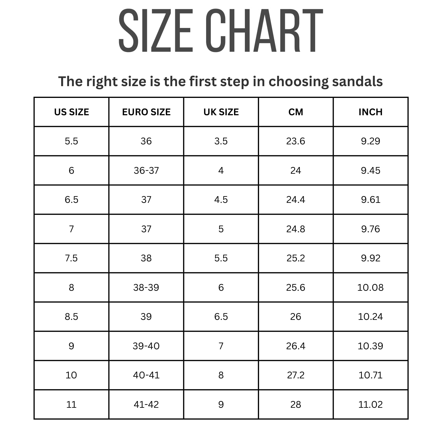 Benton Chunky clogs size chart: US, Euro, UK sizes, cm & inch measurements for women's casual shoes.