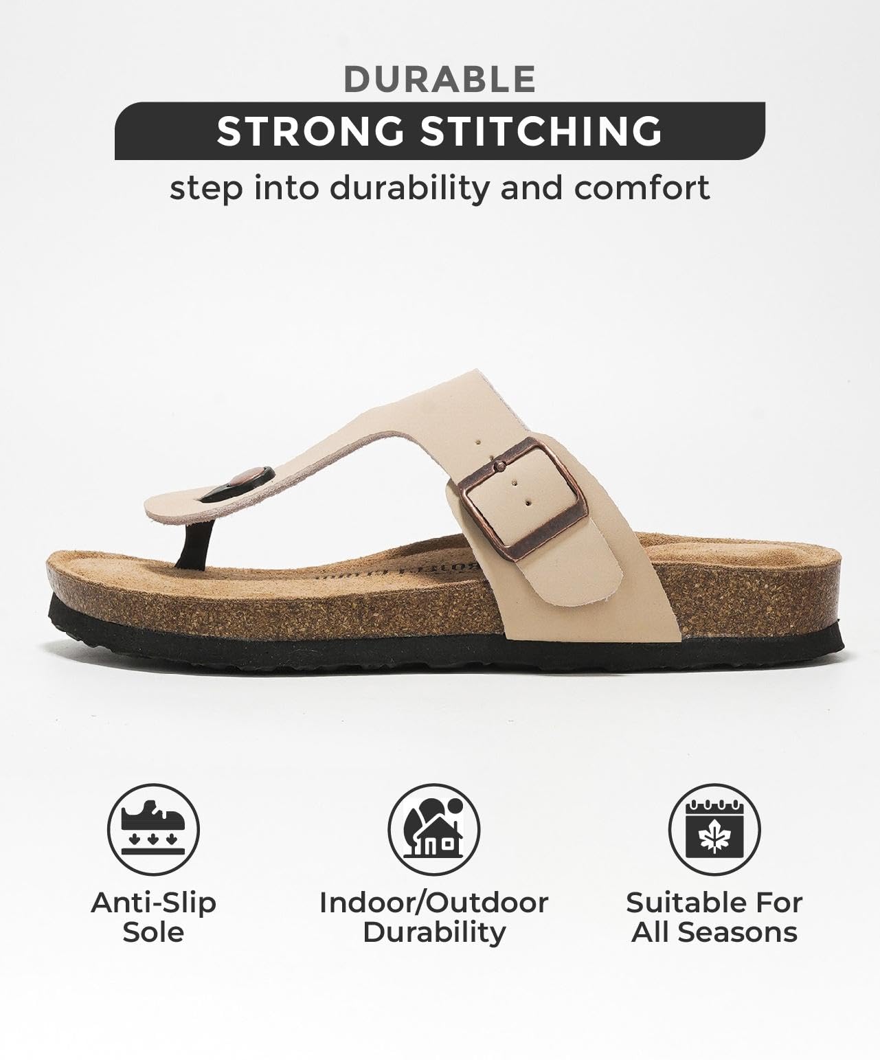Beige leather Britani thong sandal with strong stitching, cork footbed, anti-slip sole and all-season durability.