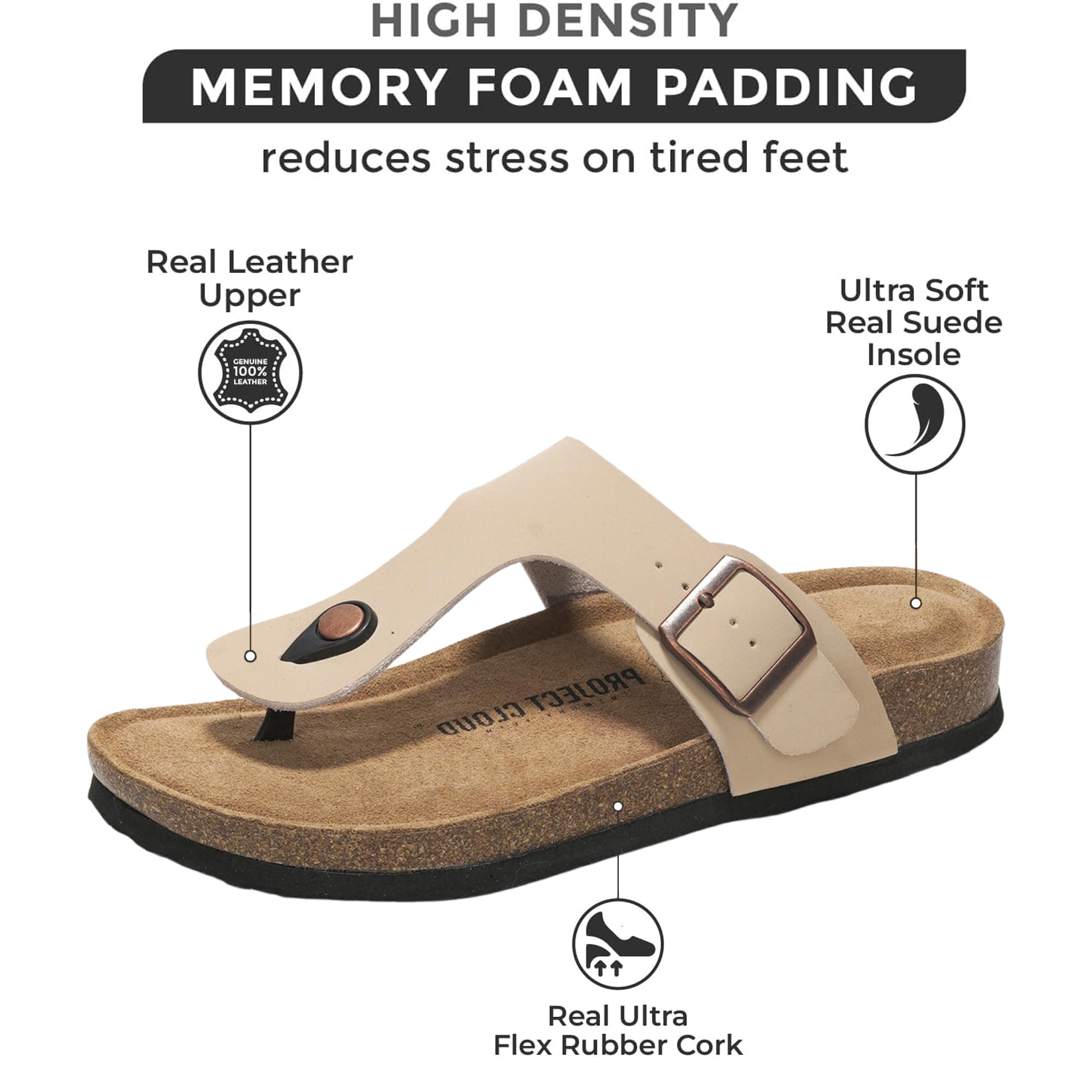 Beige leather Britani thong sandals with memory foam, suede insole, and flex rubber cork sole.