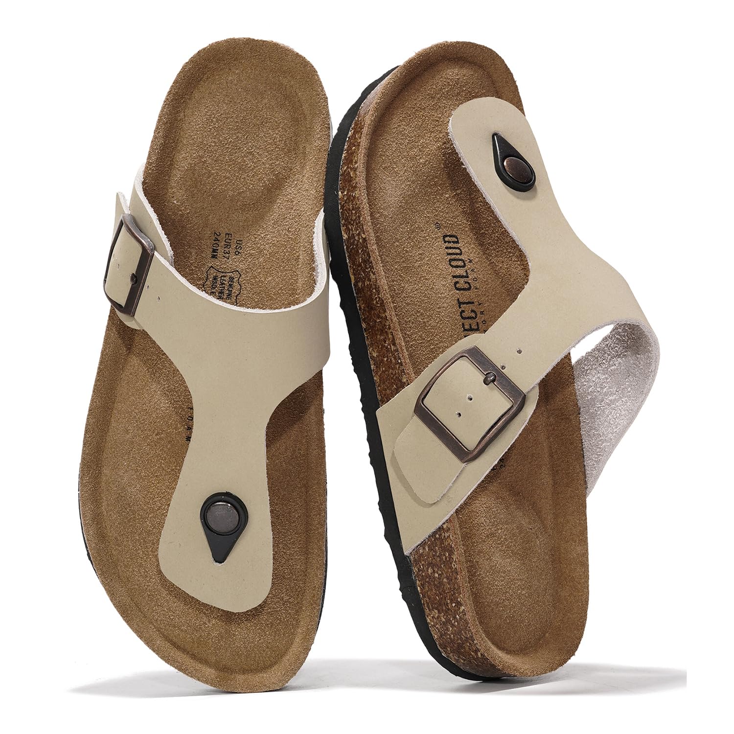 Beige leather Project Cloud Britani thong sandals with adjustable buckle and cork footbed, beach essentials.