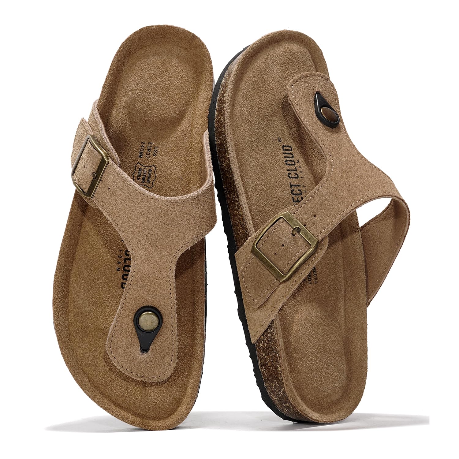 Project Cloud Britani thong sandals in beige leather with adjustable buckle and cork footbed, showcasing memory foam comfort.