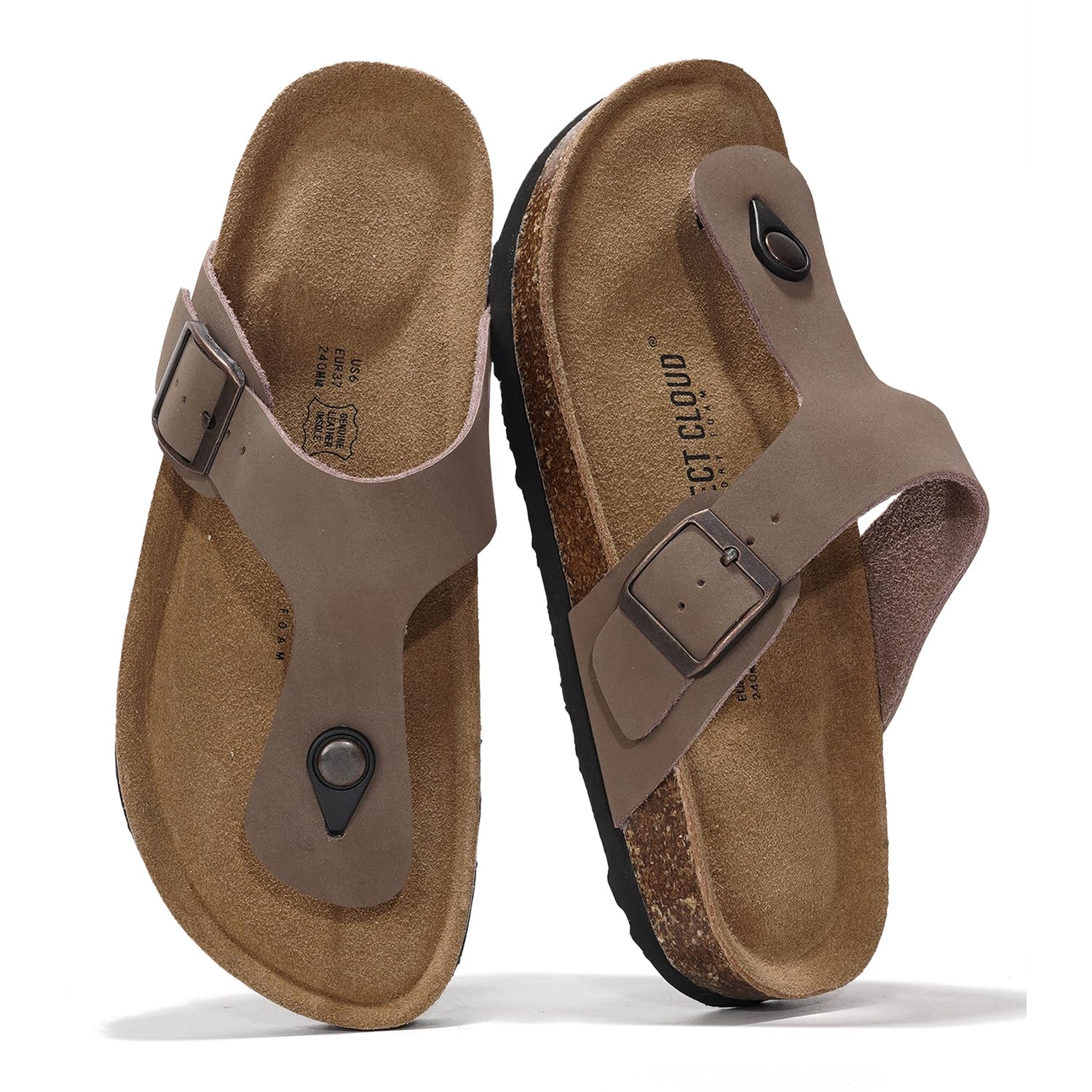 Project Cloud Britani leather thong sandals with adjustable buckle and cork footbed, memory foam