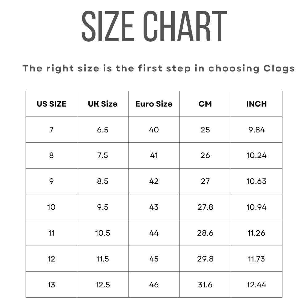 Size chart for men's clogs, showing US, UK, Euro, CM, and inch sizes for accurate fit.