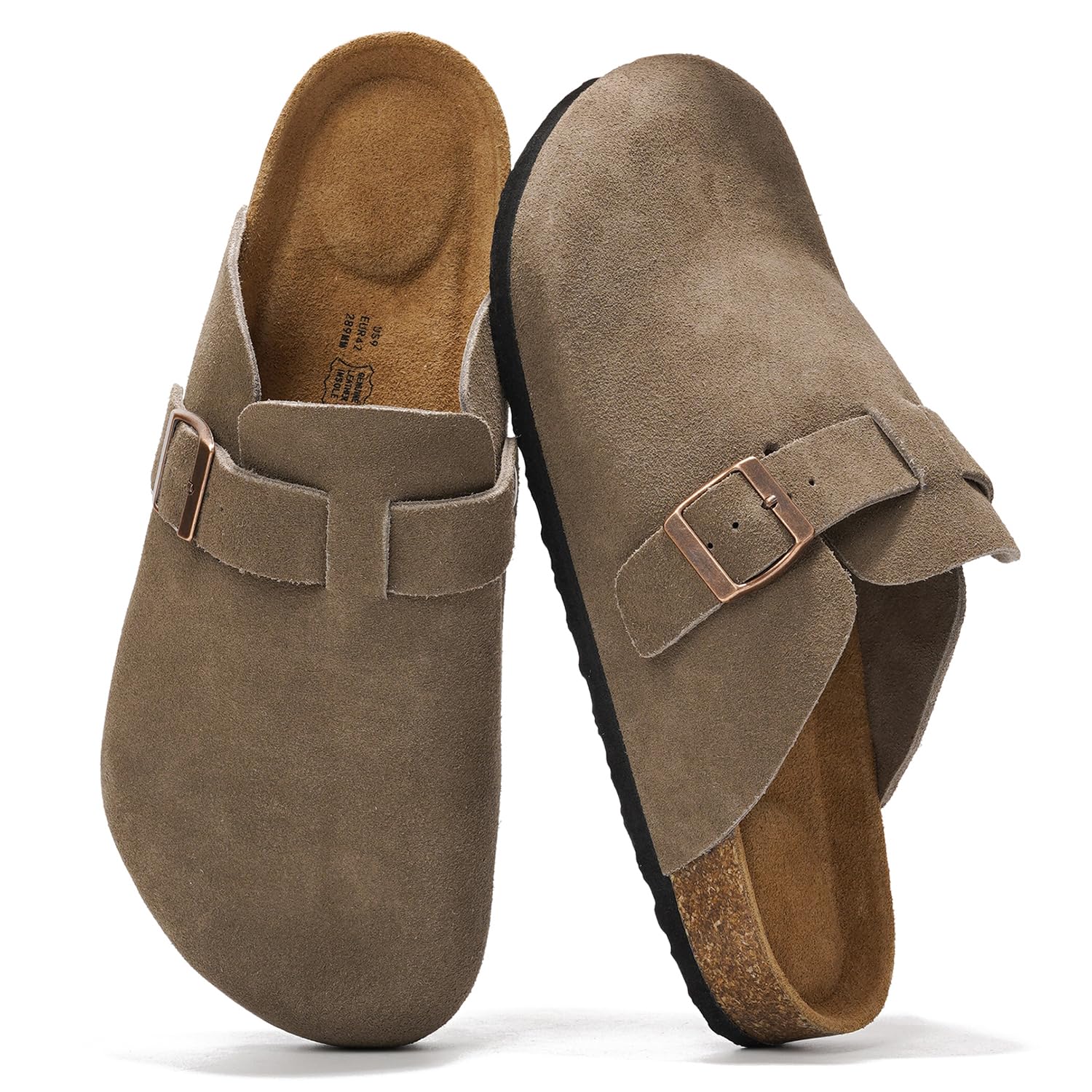 Chestnut suede Brooklyn clogs for men with buckle detail and cork footbed, memory foam insole for comfort.