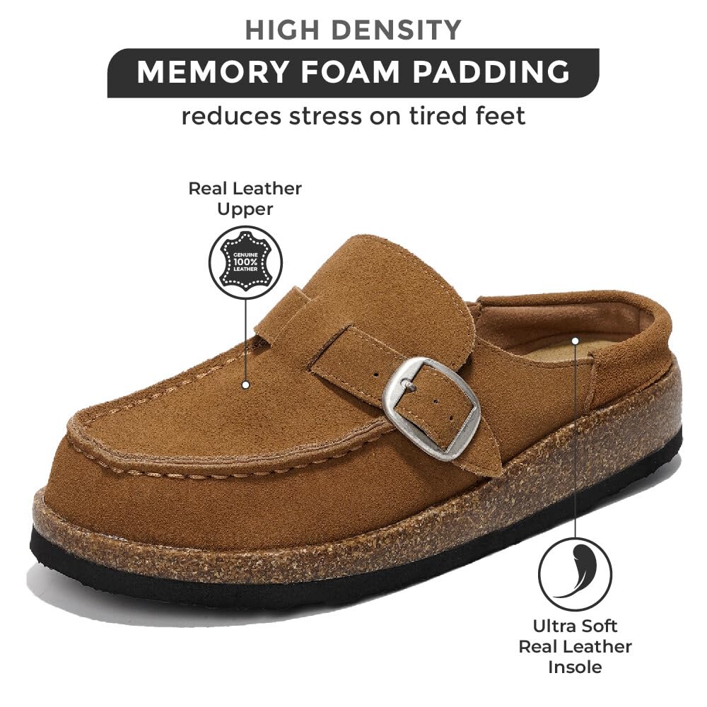 Project Cloud Carline clog features high-density memory foam, genuine leather upper and insole, buckle detail, in brown.
