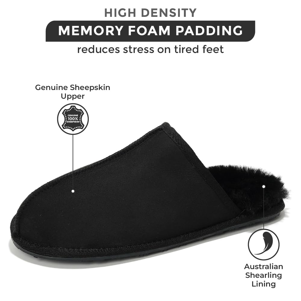 Project Cloud Colin Men's Slipper: Black genuine sheepskin upper with memory foam, Australian shearling lining for comfort.