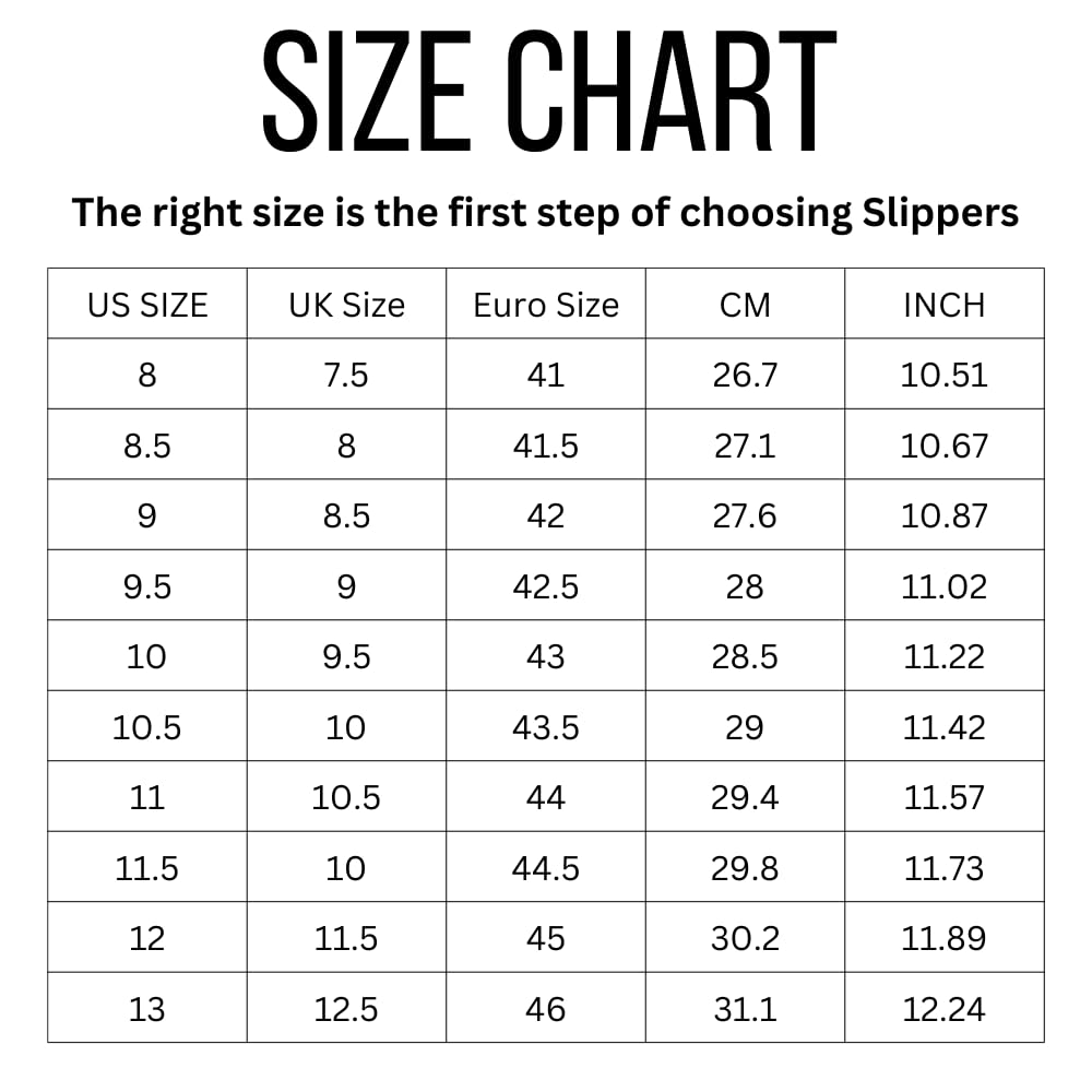 Project Cloud Colin Slipper Size Chart: US, UK, and Euro sizes for comfortable slippers, matching CM and inches.