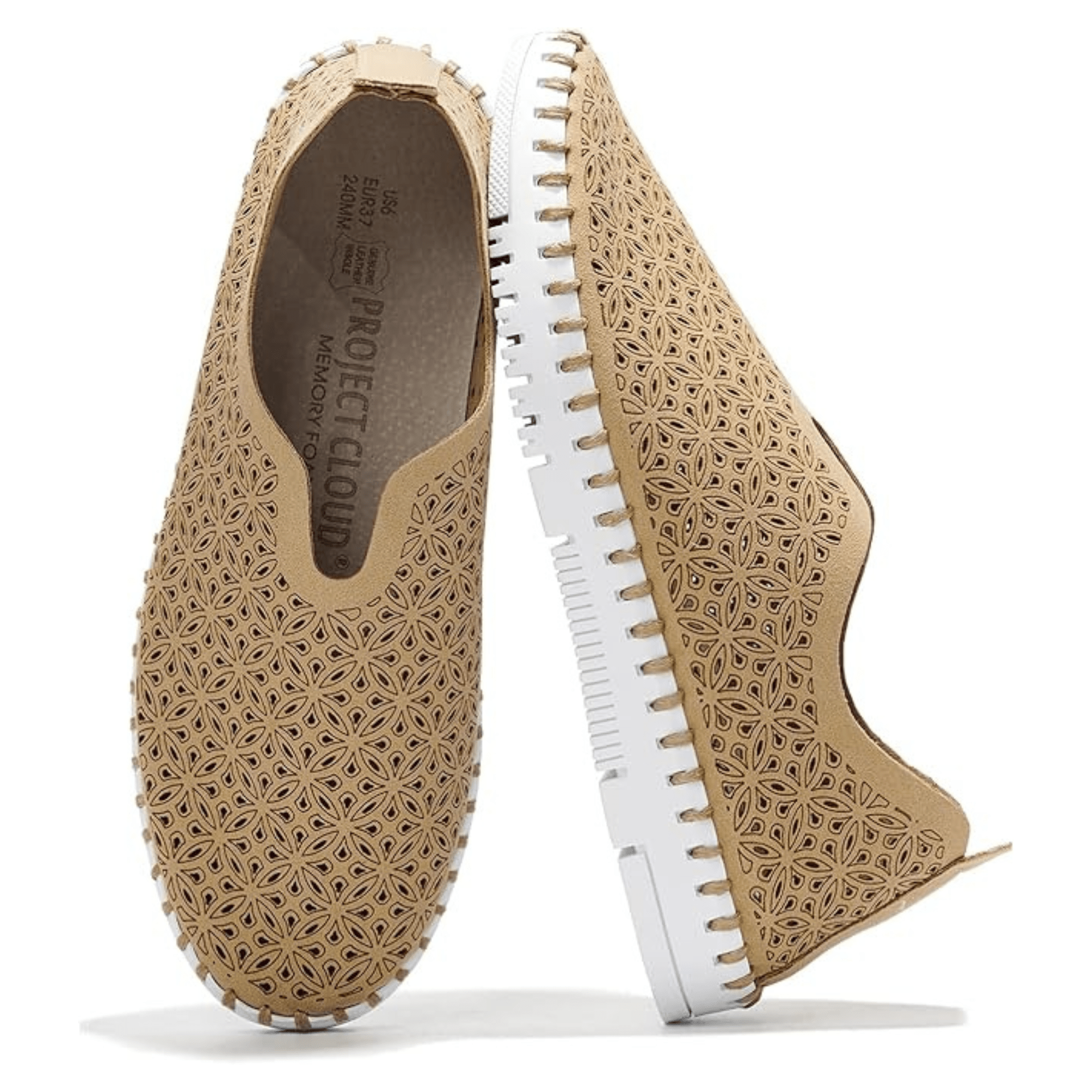 Beige slip-on sneakers for women, laser-cut floral design, Project Cloud memory foam insole, comfort.